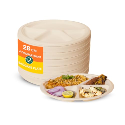 Eco Soul [11 Inch, 50 Pack, 4Compartment Disposable Bagasse Plates | EcoFriendly, Biodegradable, Sugarcane Paper Plates | For 