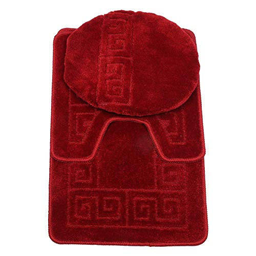 Wpm World Products Mart 3 Piece Bath Rug Set Pattern Bathroom Rug (20X32)Large Contour Mat (20X20) With Lid Cover (Burgundy)