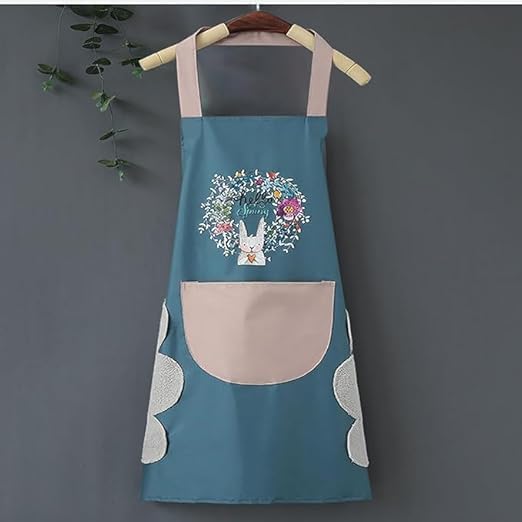 Rollyjcp Ware Kitchen Apron Set With Front Pocket, Floral Bunny Design, Waterproof, Pack Fo 1 (Blue (1 Pcs)