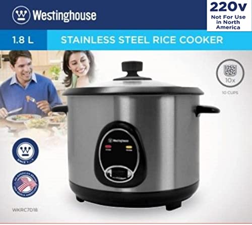 Westinghouse 220 Volt Rice Cooker 10 Cup, Non Stick Cooking Pot, Measuring Cup, Keep Warm Function-Stainless Steel-700W (Not For