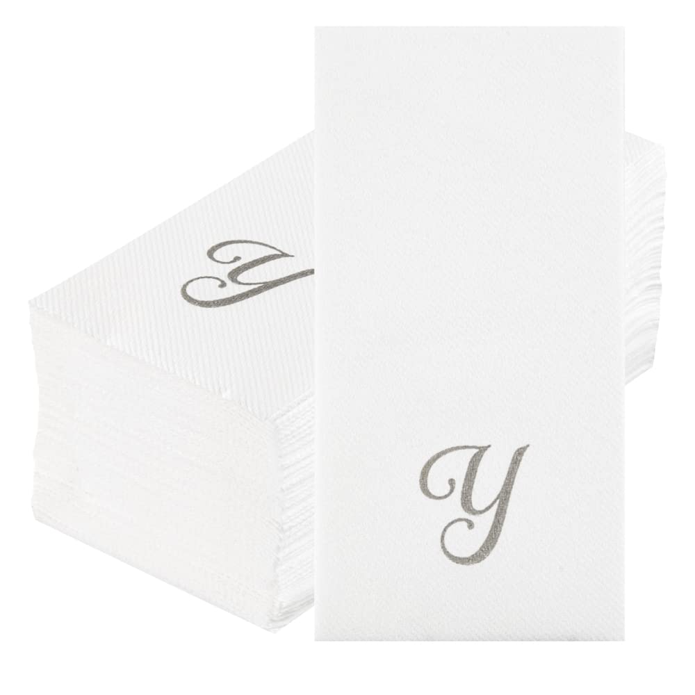 Luxenap 15.8 X 7.9 Inch Linen-Feel Guest Towels, 2000 Disposable Striped Hand Towels - Silver Letter 'Y', Cursive Font, White Pa