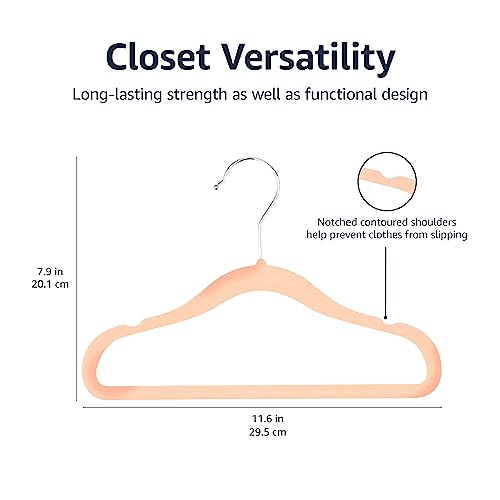 Amazon Basics Kids Velvet, Non-Slip Clothes Hangers For Infant And Toddler, 11.6 Inches (For Baby Clothes), Pack Of 50, Blush
