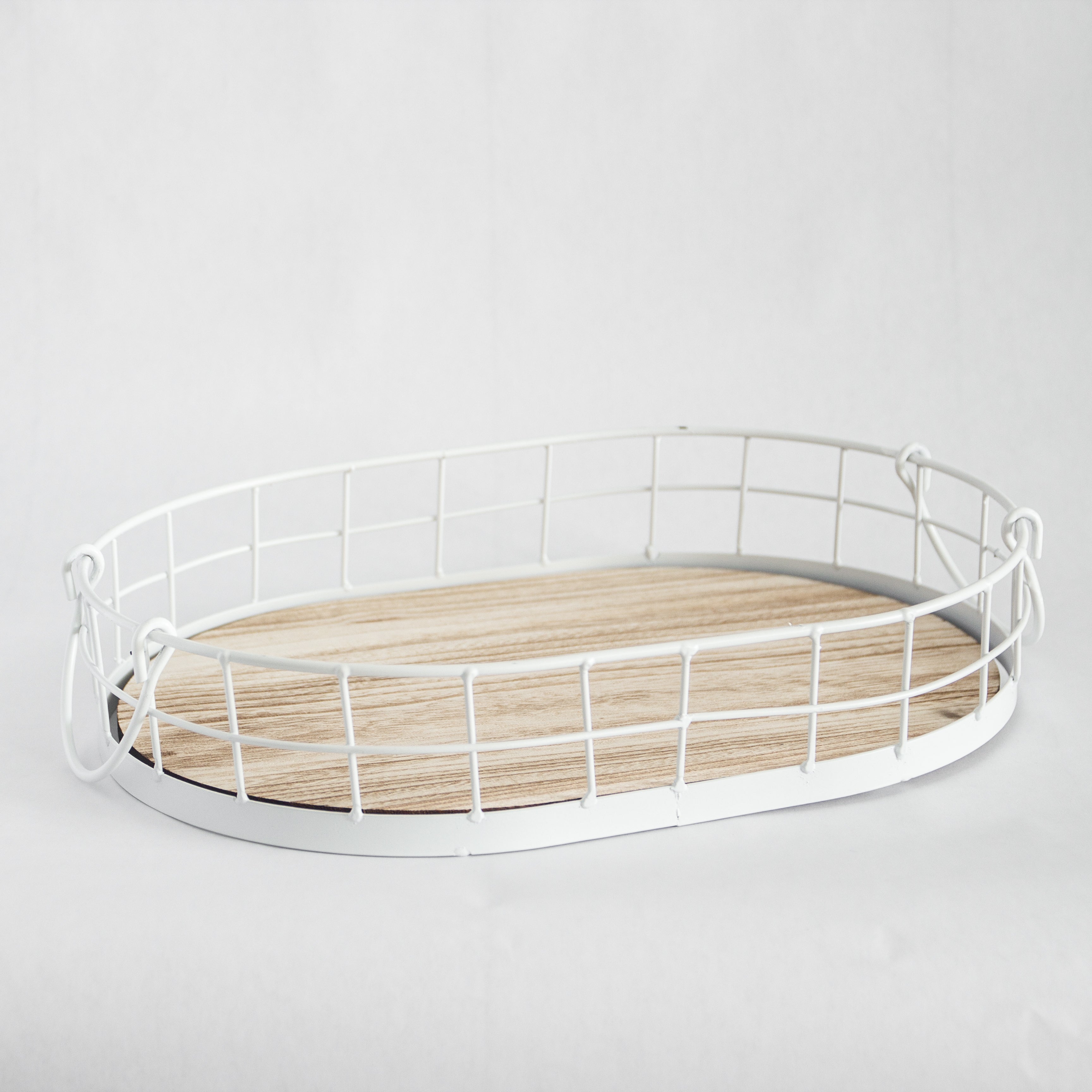 Oval Metal & Wood Decorative Tray — Rustic White Accent Tray for Home