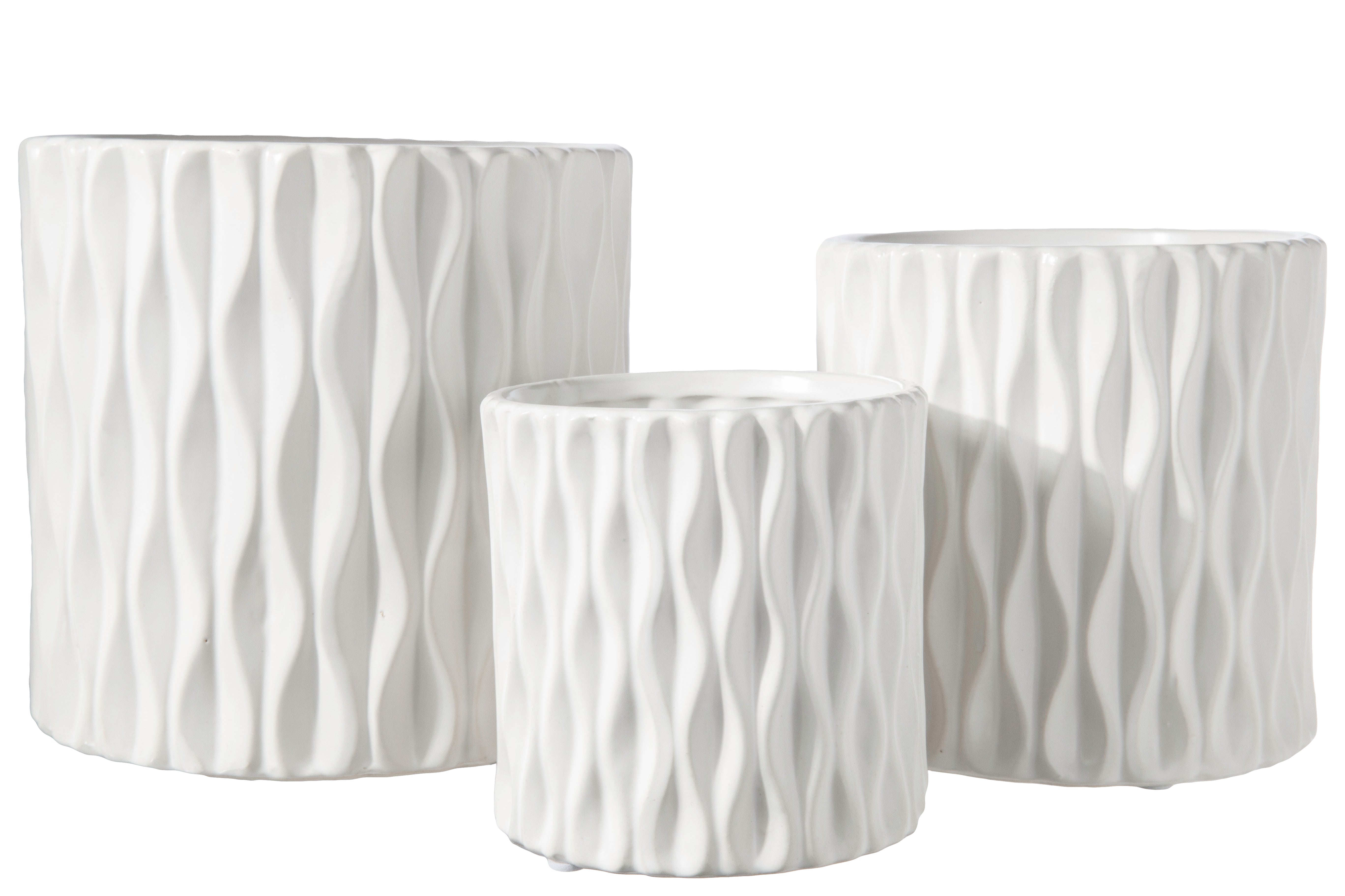 Ceramic Cylindrical Pot Wth Wide Mouth And Embossed Wave Design Body Set Of Three Matte Finish White