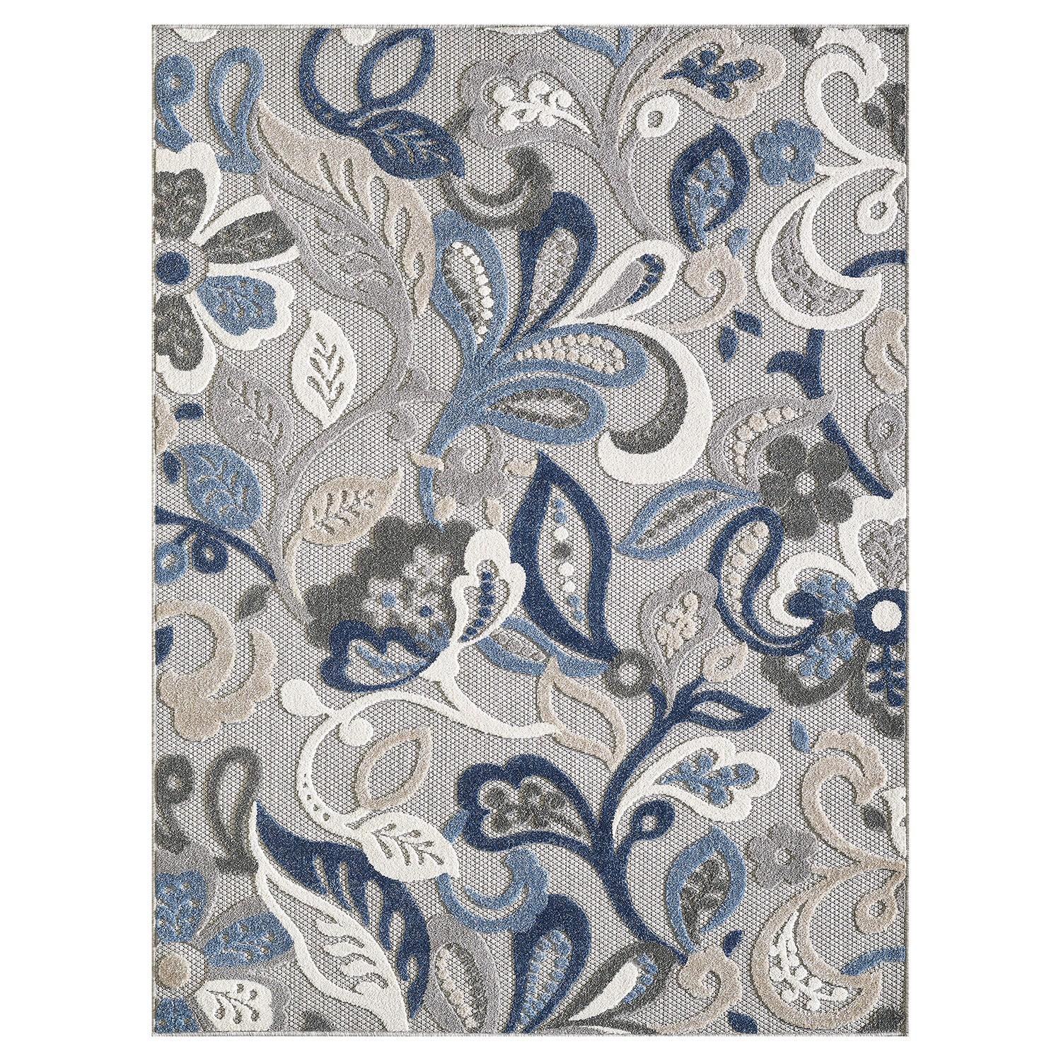8 x 10 Blue Gray Jacobean Floral Indoor Outdoor Area Rug