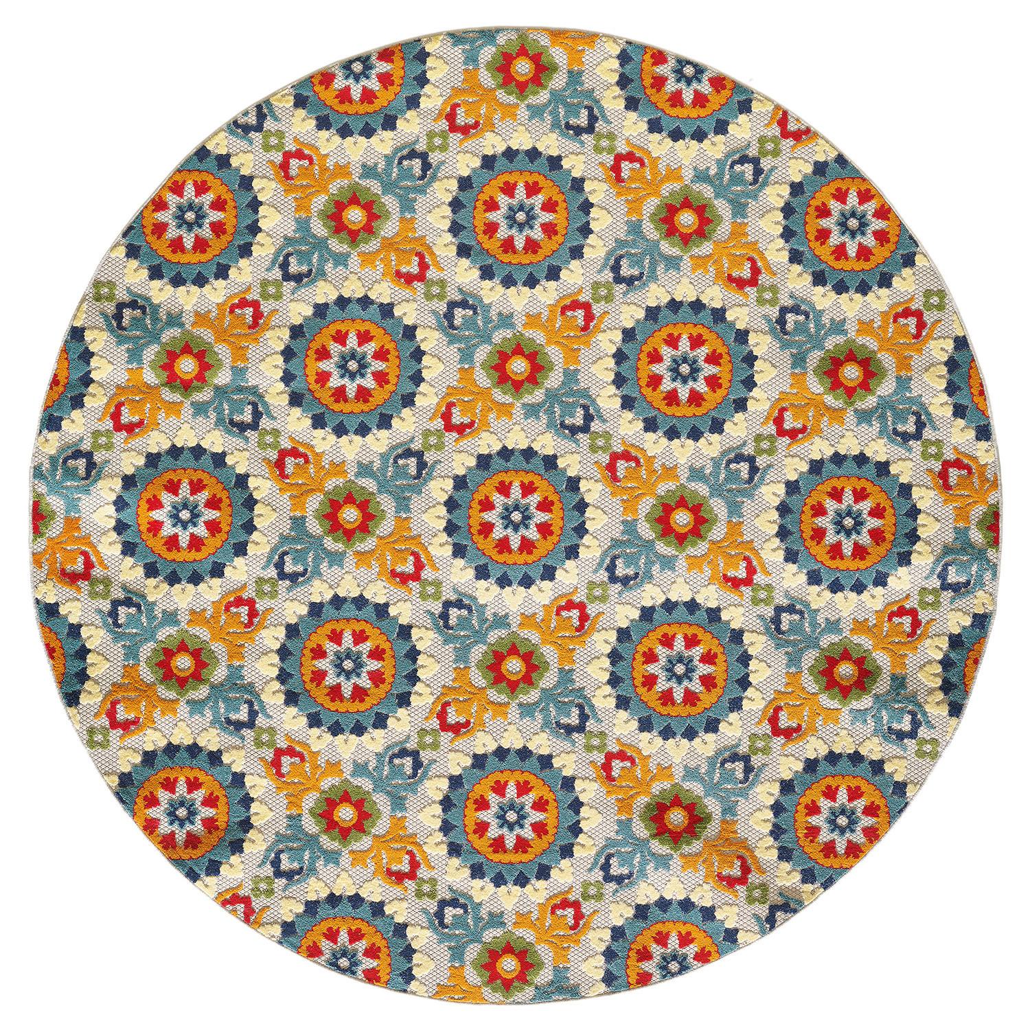 8 Round Orange Floral Lattice Indoor Outdoor Area Rug