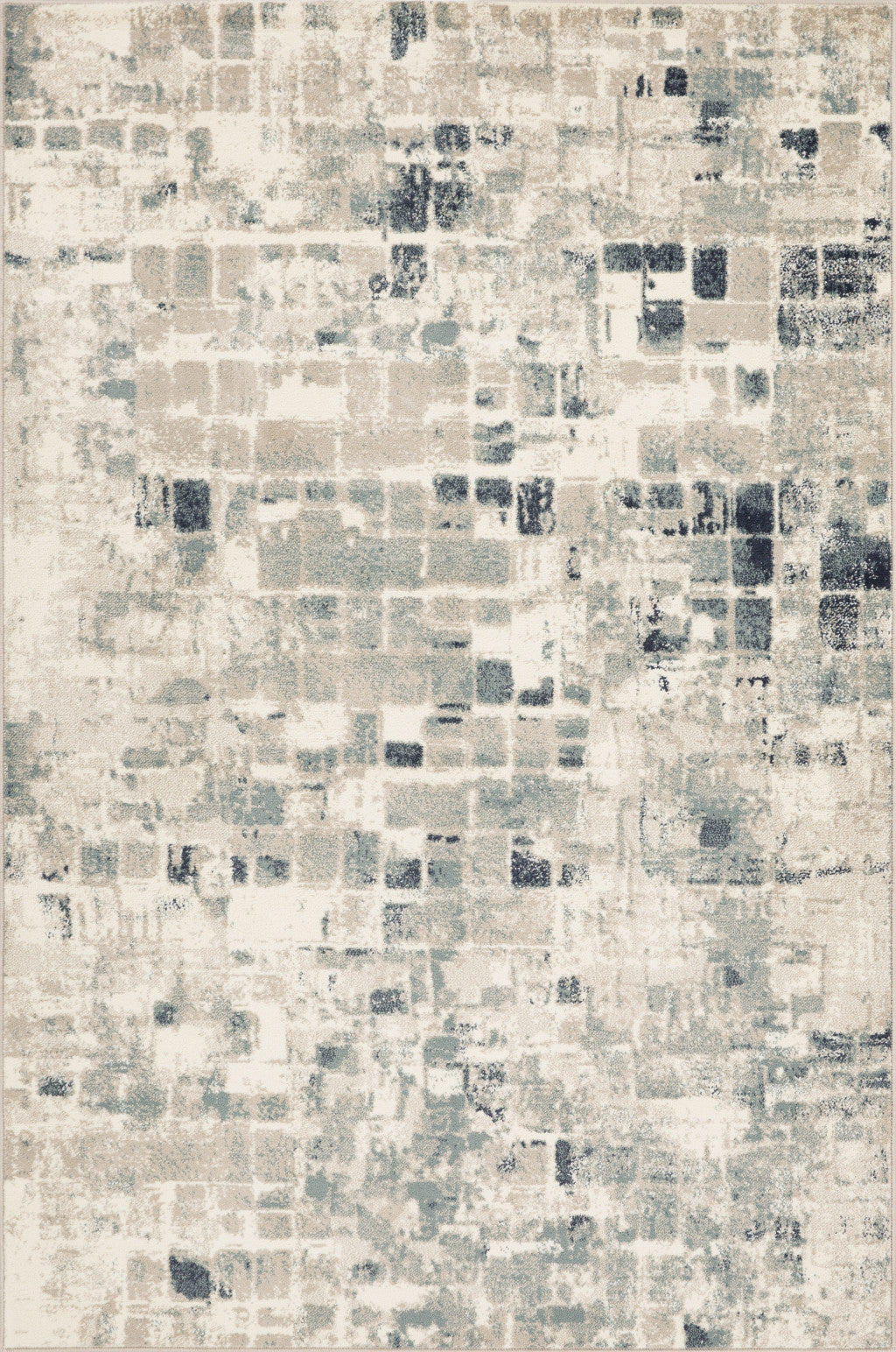 3 x 5 Beige Blue Abstract Tiles Distressed Area Rug