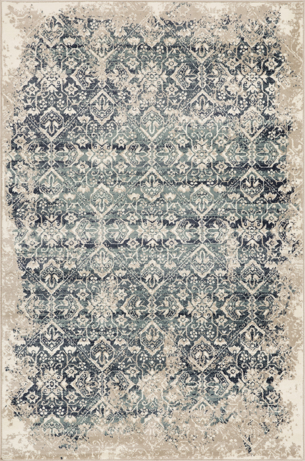 3 x 5 Beige Blue Distressed Diamonds Area Rug