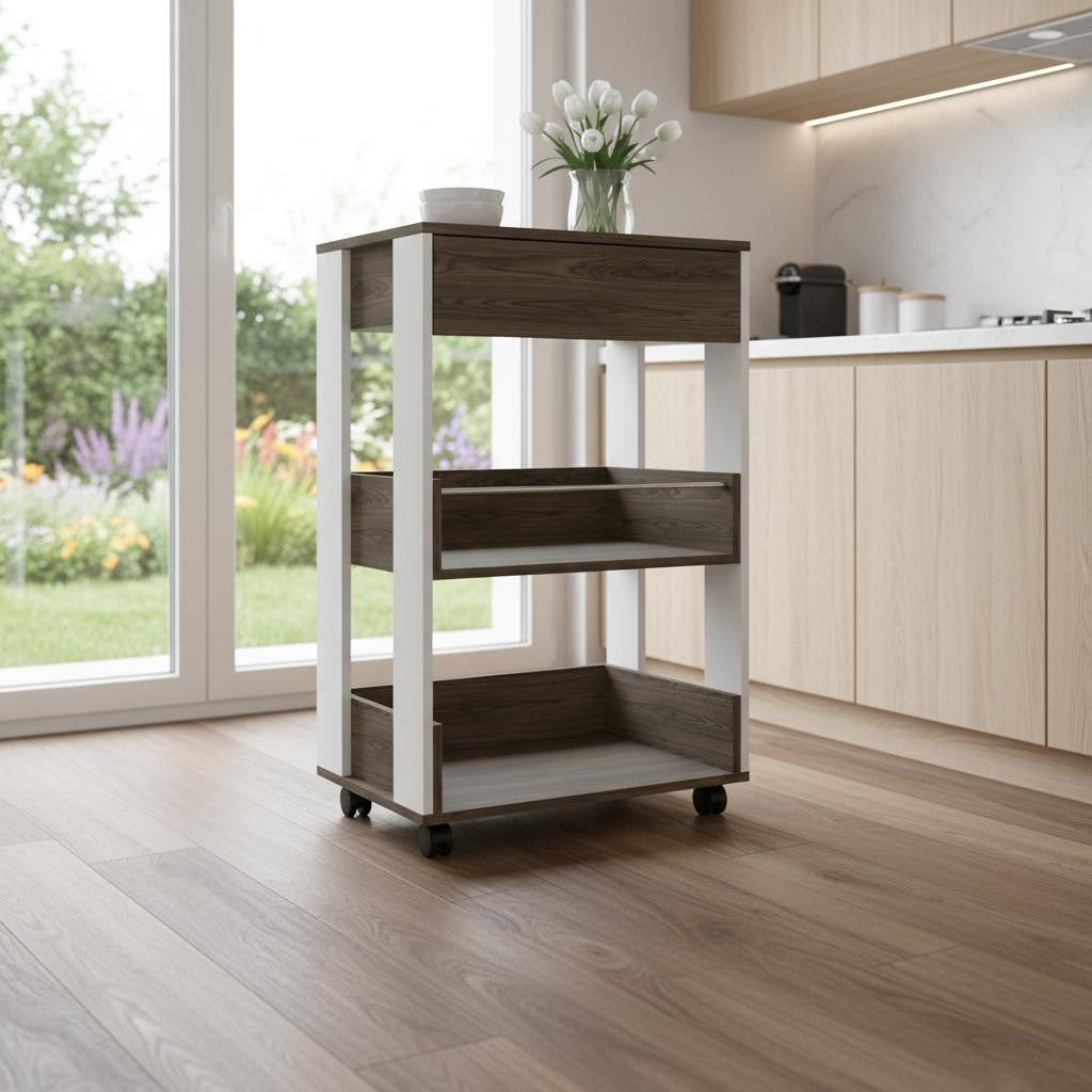 23 Dark Brown and White Wood Rolling Kitchen Cart With Storage