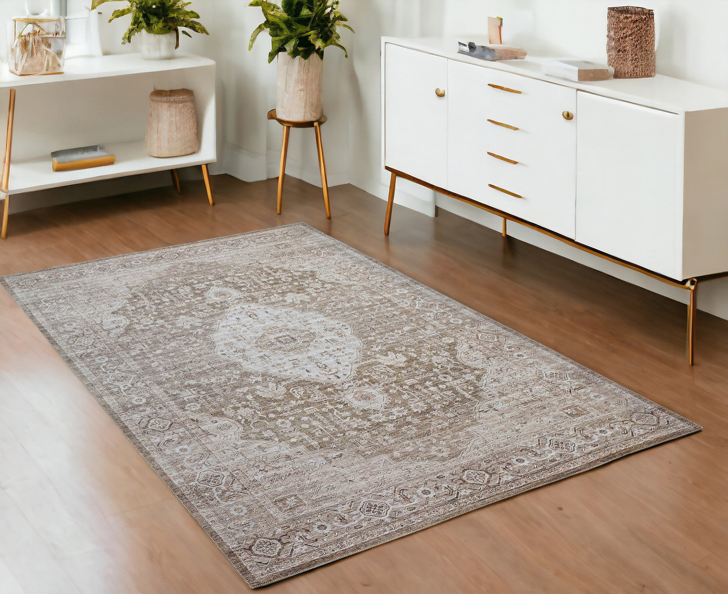4 X 6 Beige Oriental Power Loom Distressed Area Rug