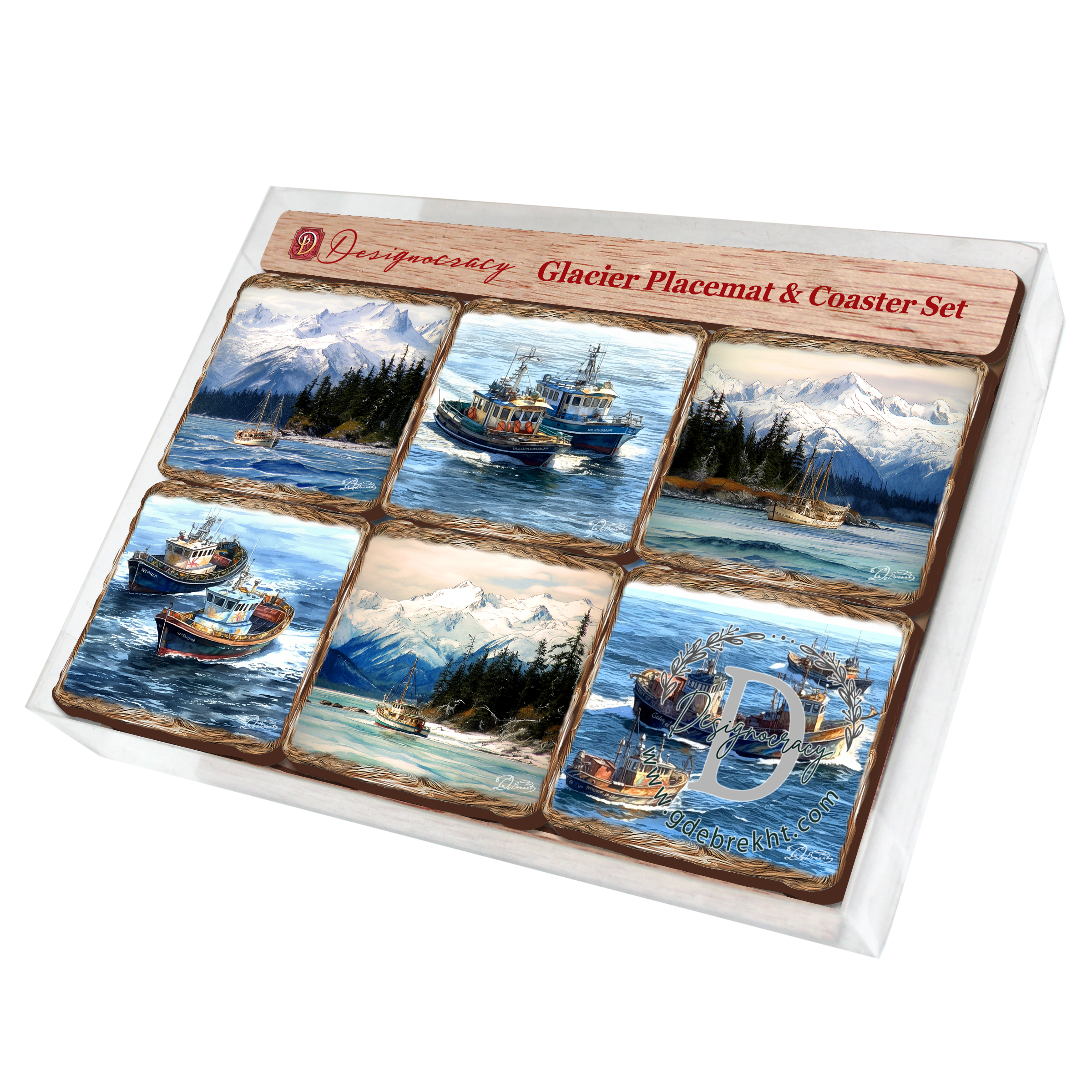 Fishing Boats Wooden Cork Placemat and Coasters Gift Set of 7 by Nature Wonders Coastal Wildlife Decor  - 85405C-S7