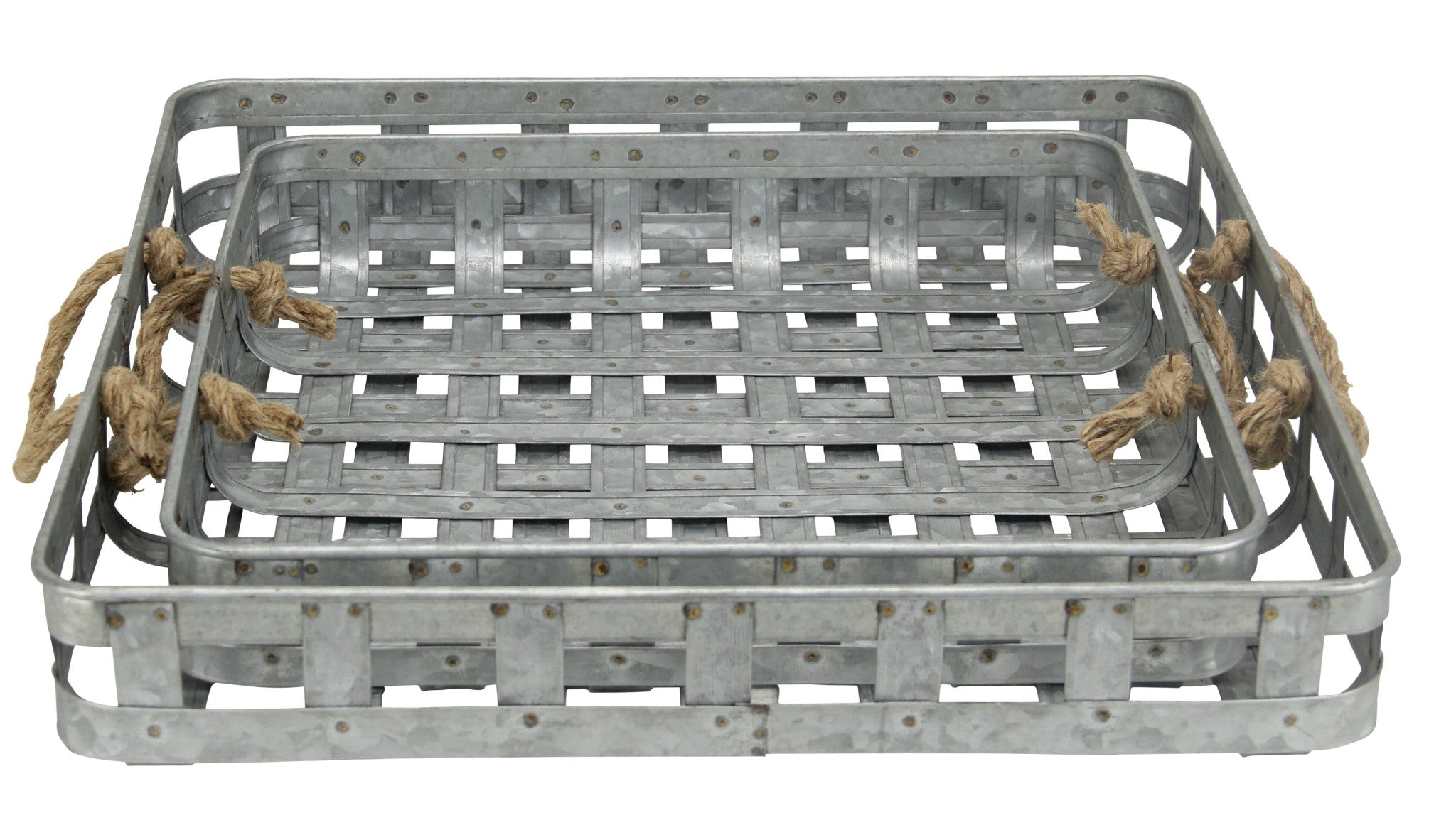 Set Of Two 17 Gray Rectangular Metal Handmade Trays With Rope Handles