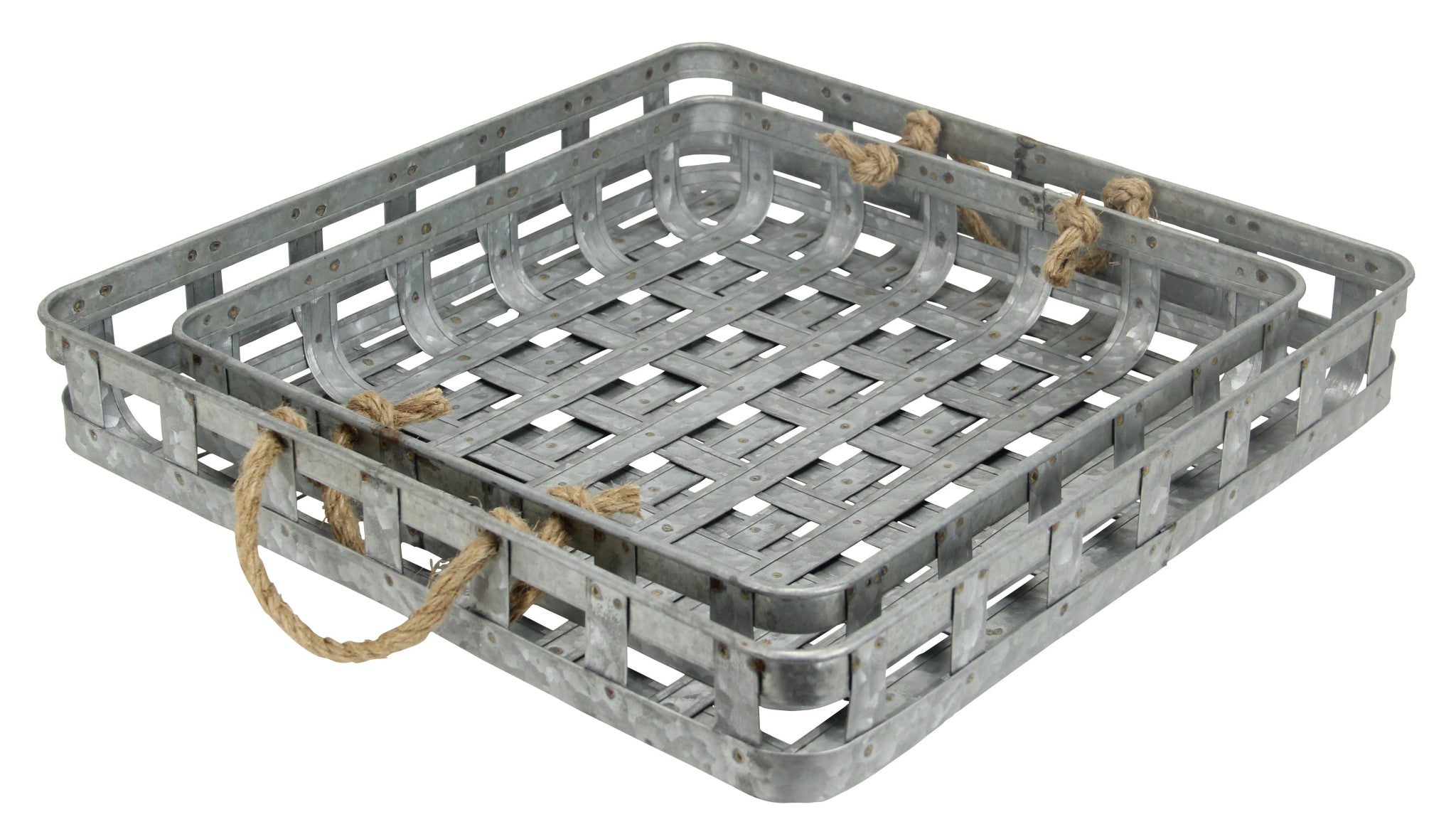 Set Of Two 17 gray Rectangular Metal Handmade Trays With Rope Handles