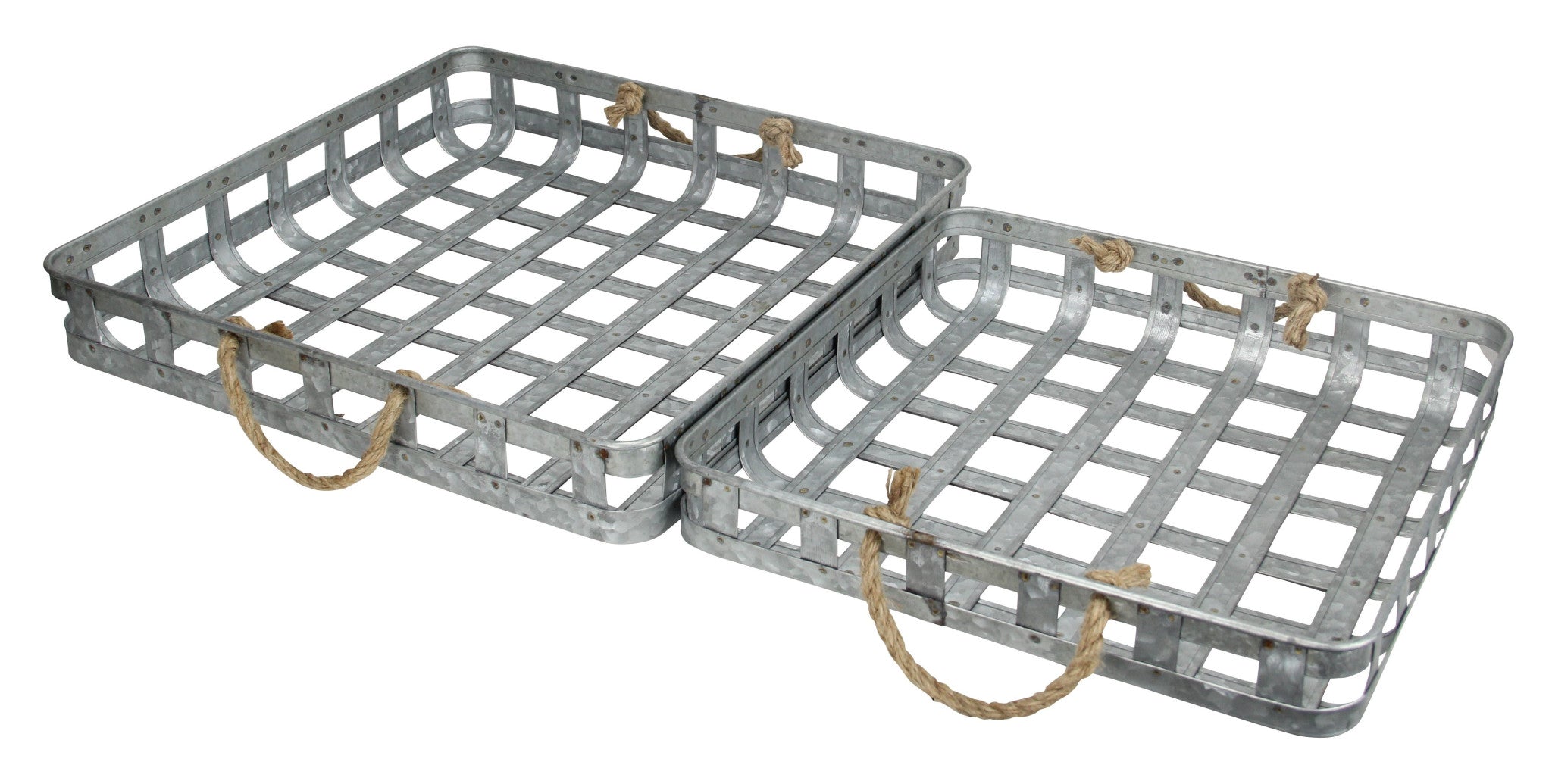 Set Of Two 17 gray Rectangular Metal Handmade Trays With Rope Handles