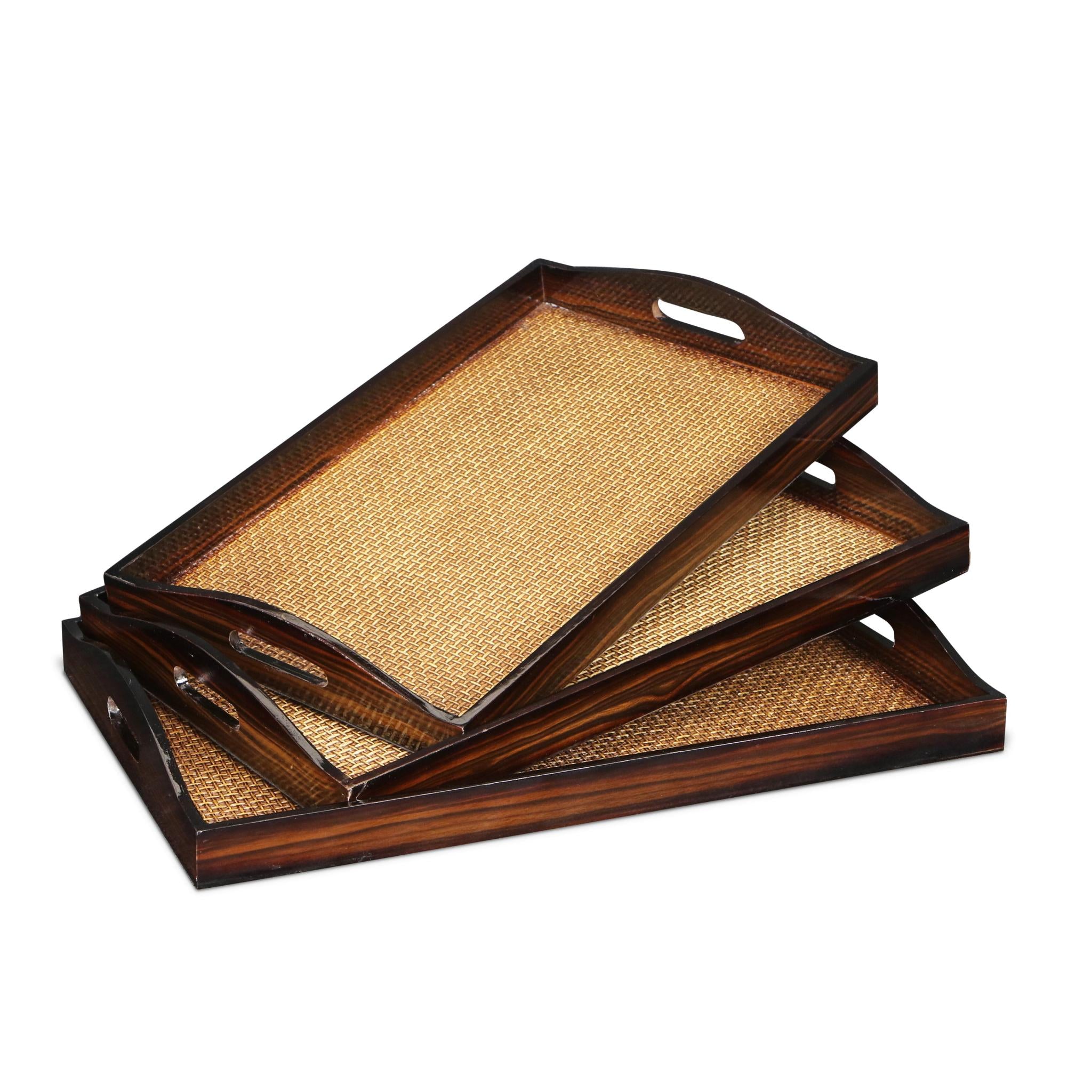 Set Of Three 20 Brown Rectangular Woven Wood Tray With Handles