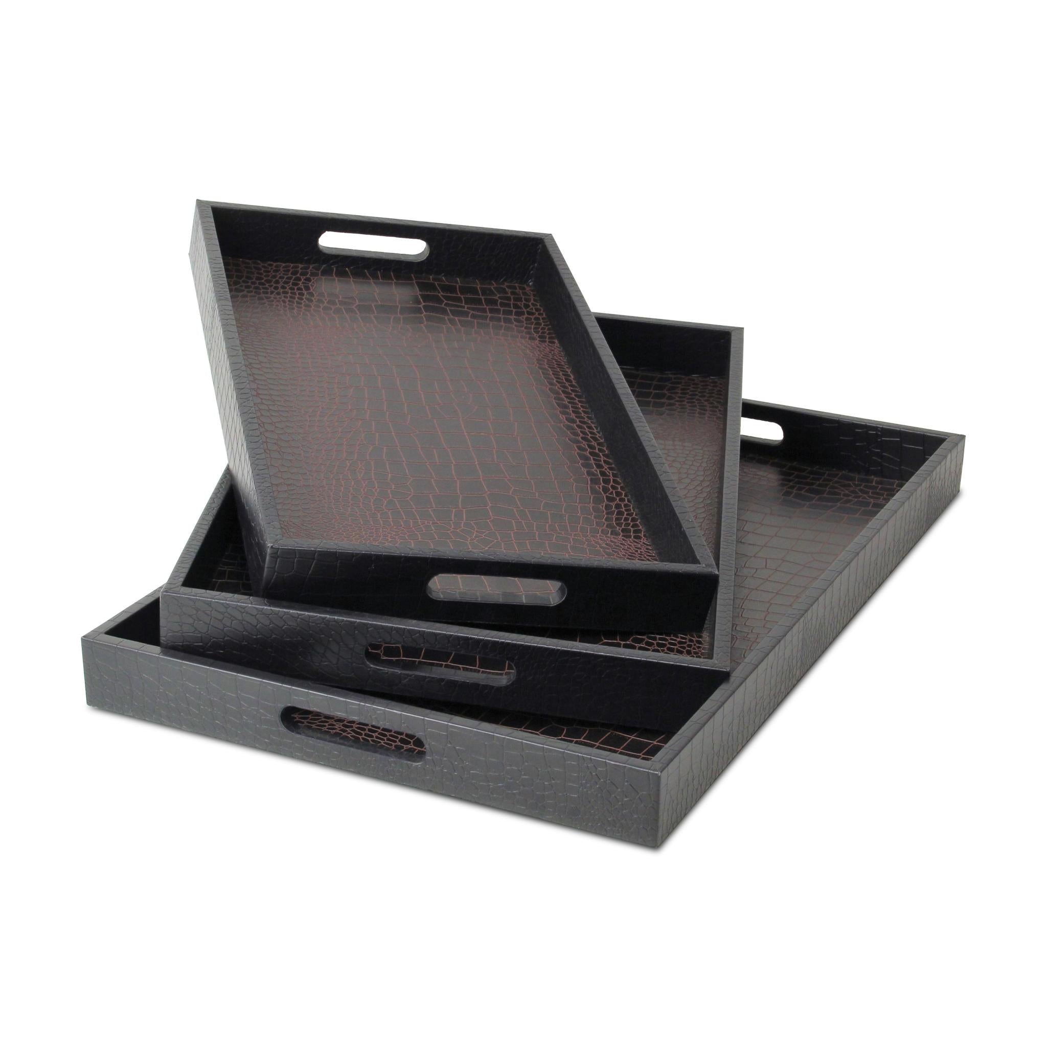 Set Of Three 23 Brown Rectangular Faux Snakeskin Tray With Handles