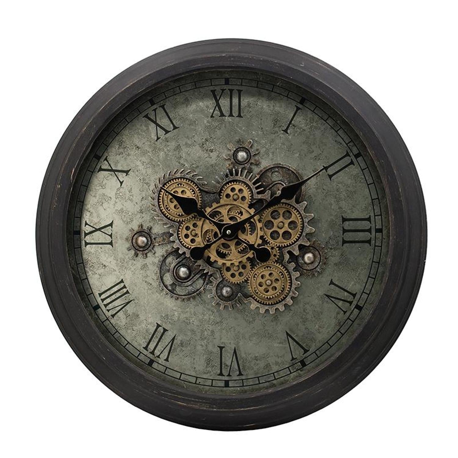 28 Circle Black and Gray Wood and Glass Analog Exposed Gear Wall Clock