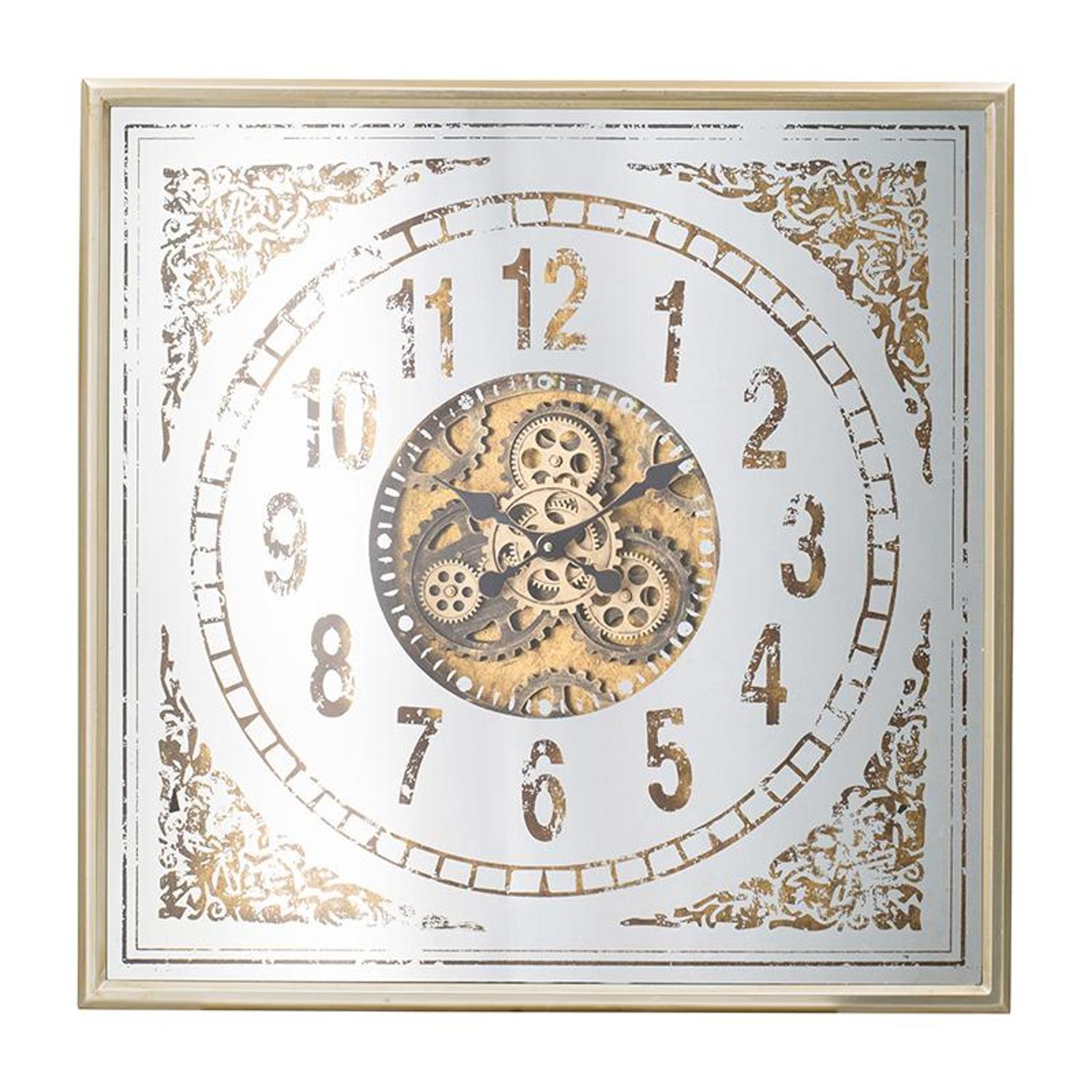 32 Square Gold and Silver Wood and Mirror Analog Exposed Gear Wall Clock