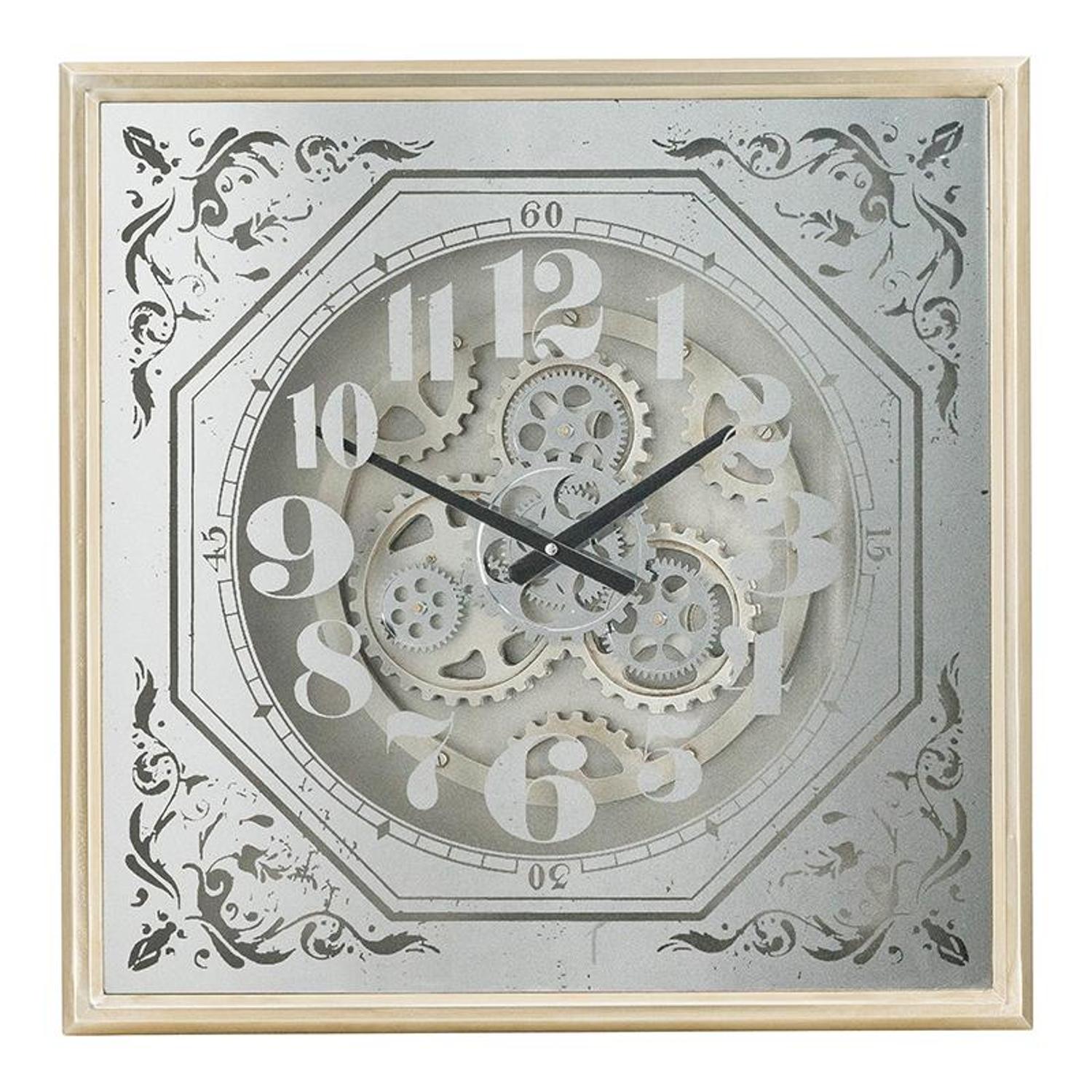 24 Square Gold and Silver Wood and Mirror Exposed Gear Wall Clock