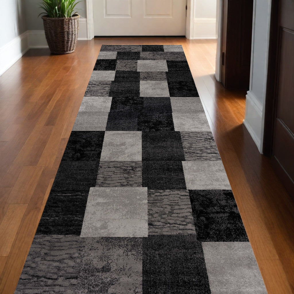 20 Gray and Black Geometric Power Loom Distressed Runner Rug