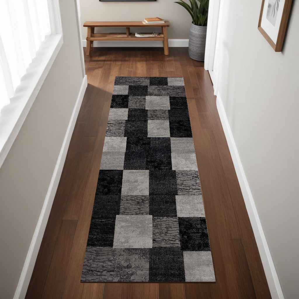 8 Gray and Black Geometric Power Loom Distressed Runner Rug