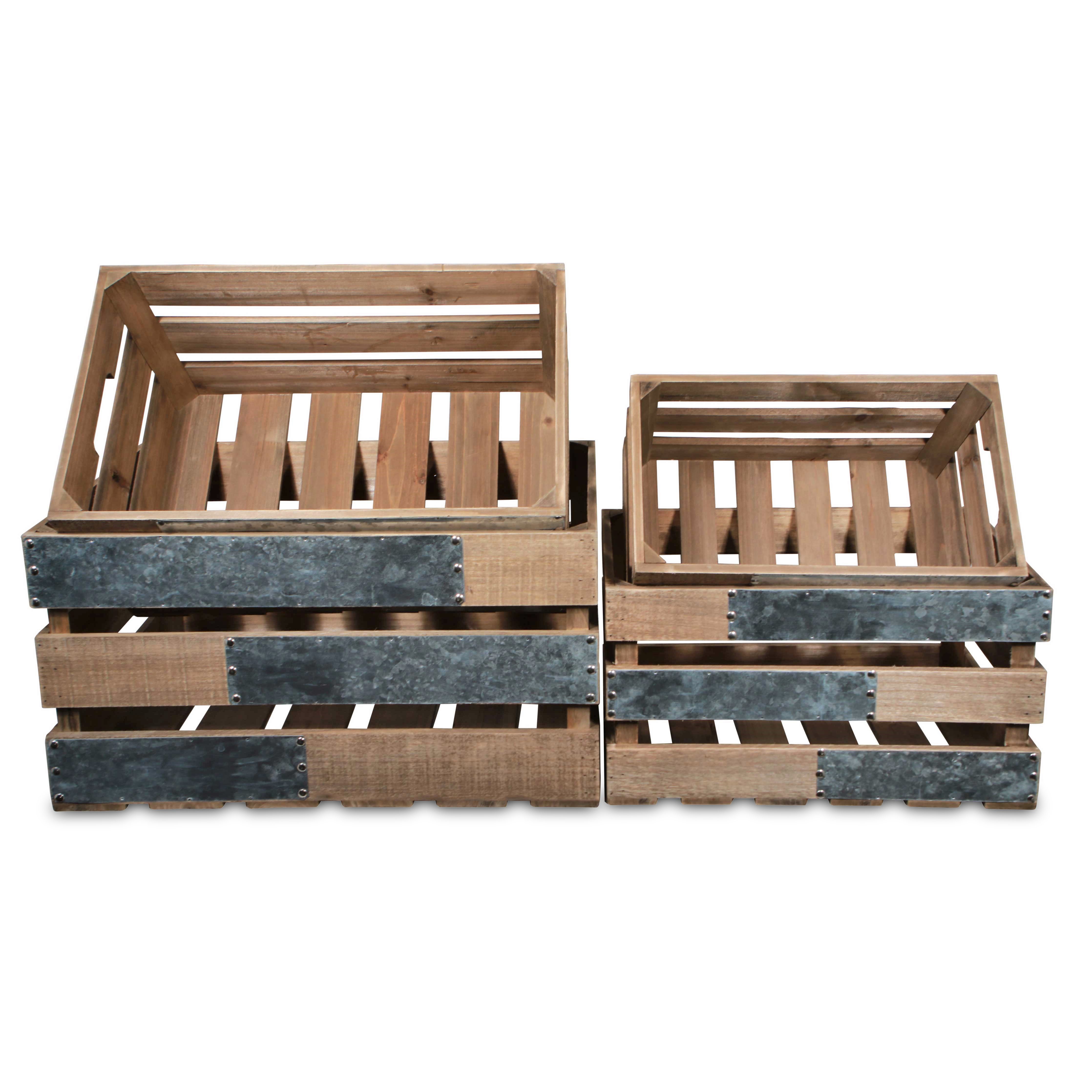 Uliel Set Of 4 Galvanized & Brown Crate Set
