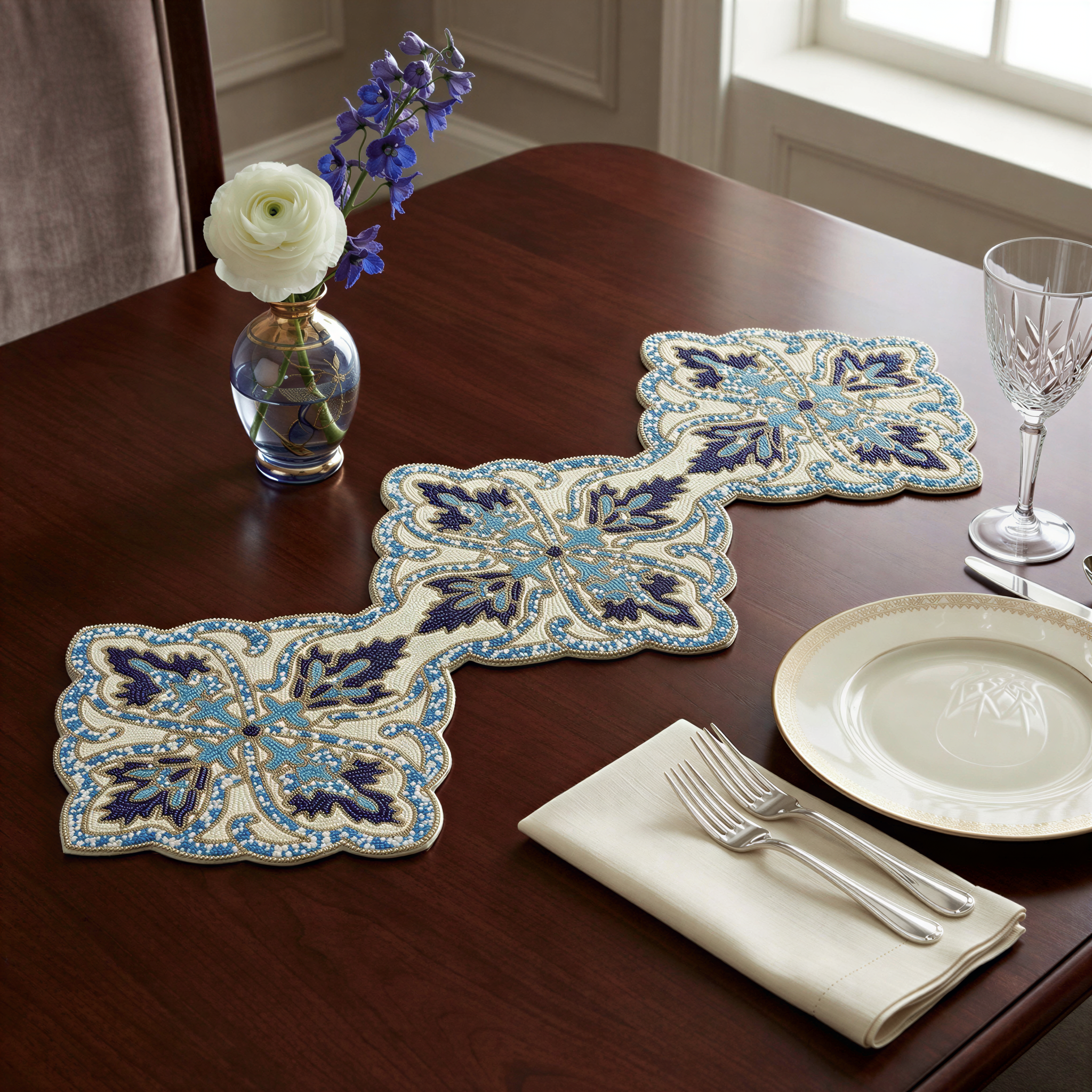 Beaded Table Runner - Blue White Satin Fabric Runner with Glass Bead Decoration, 54" x 13"