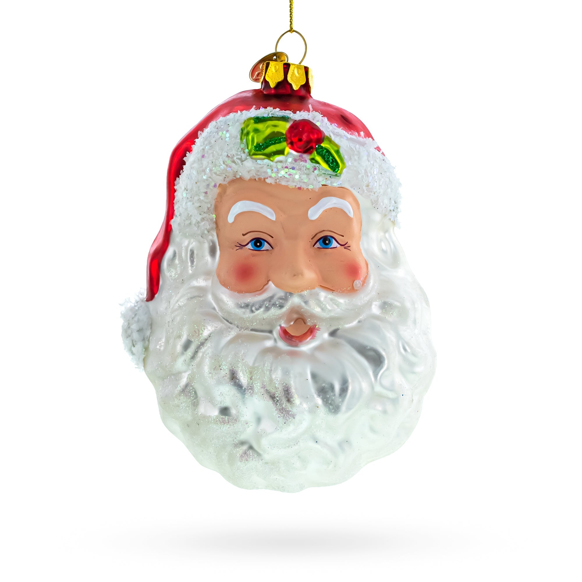 Santa Head with Mistletoe Glass Christmas Ornament