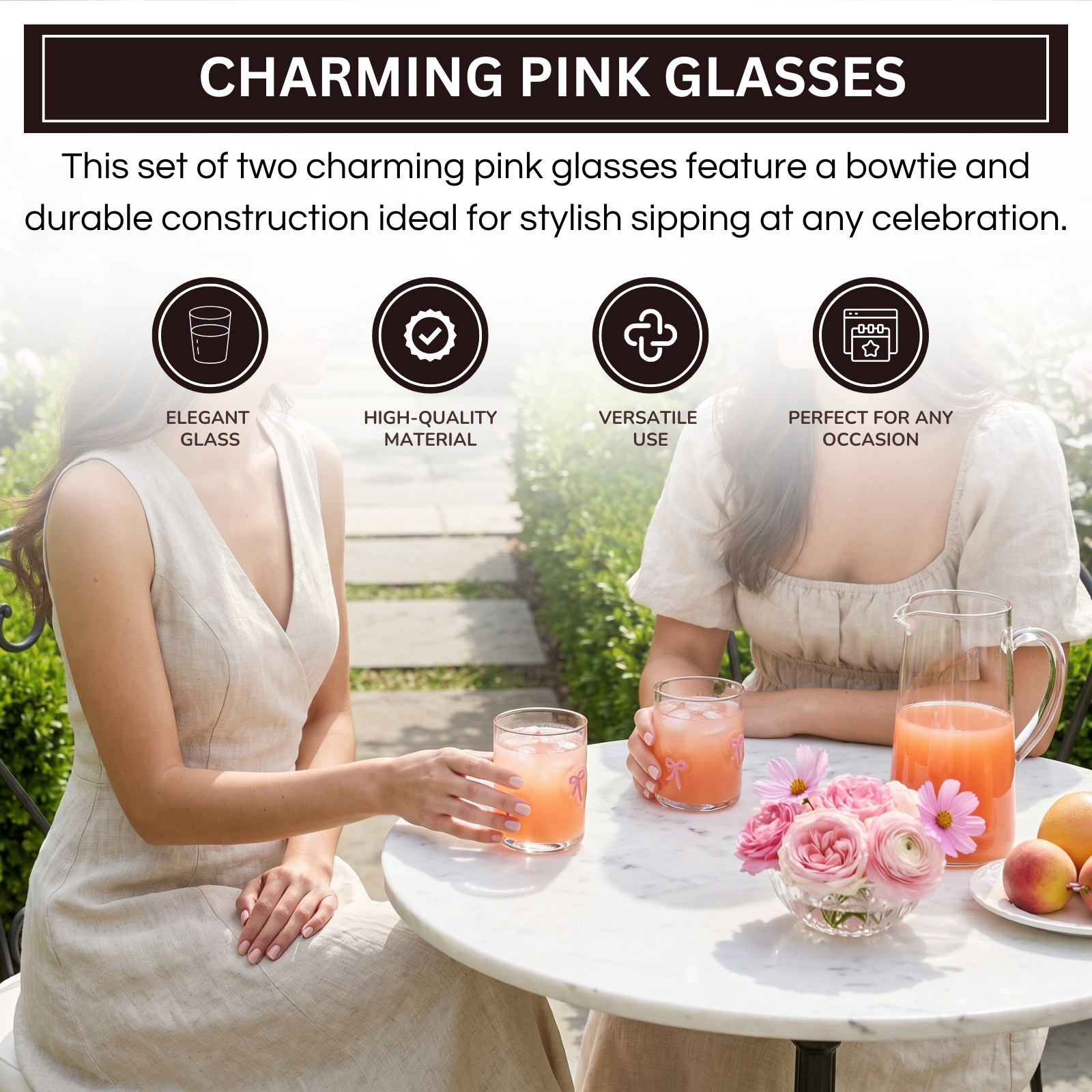Khen Bowtie Tumblers Set Stylish Break Resistant Acrylic Drinkware - Set of 2 Pink