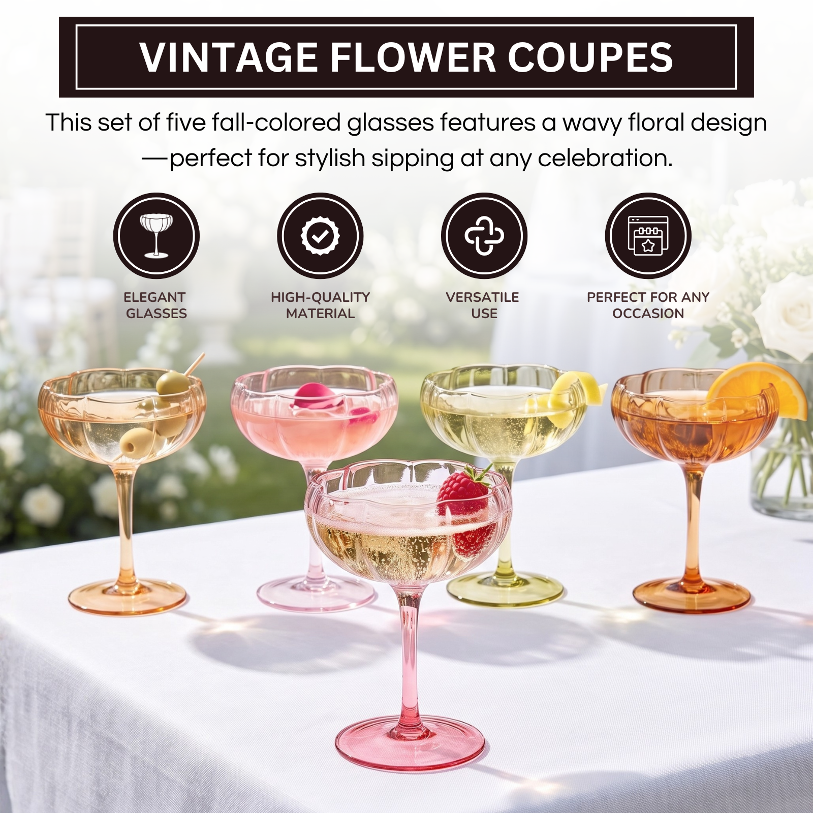Flower Coupe Cocktail Glasses | Set of 4 | Bright Colors