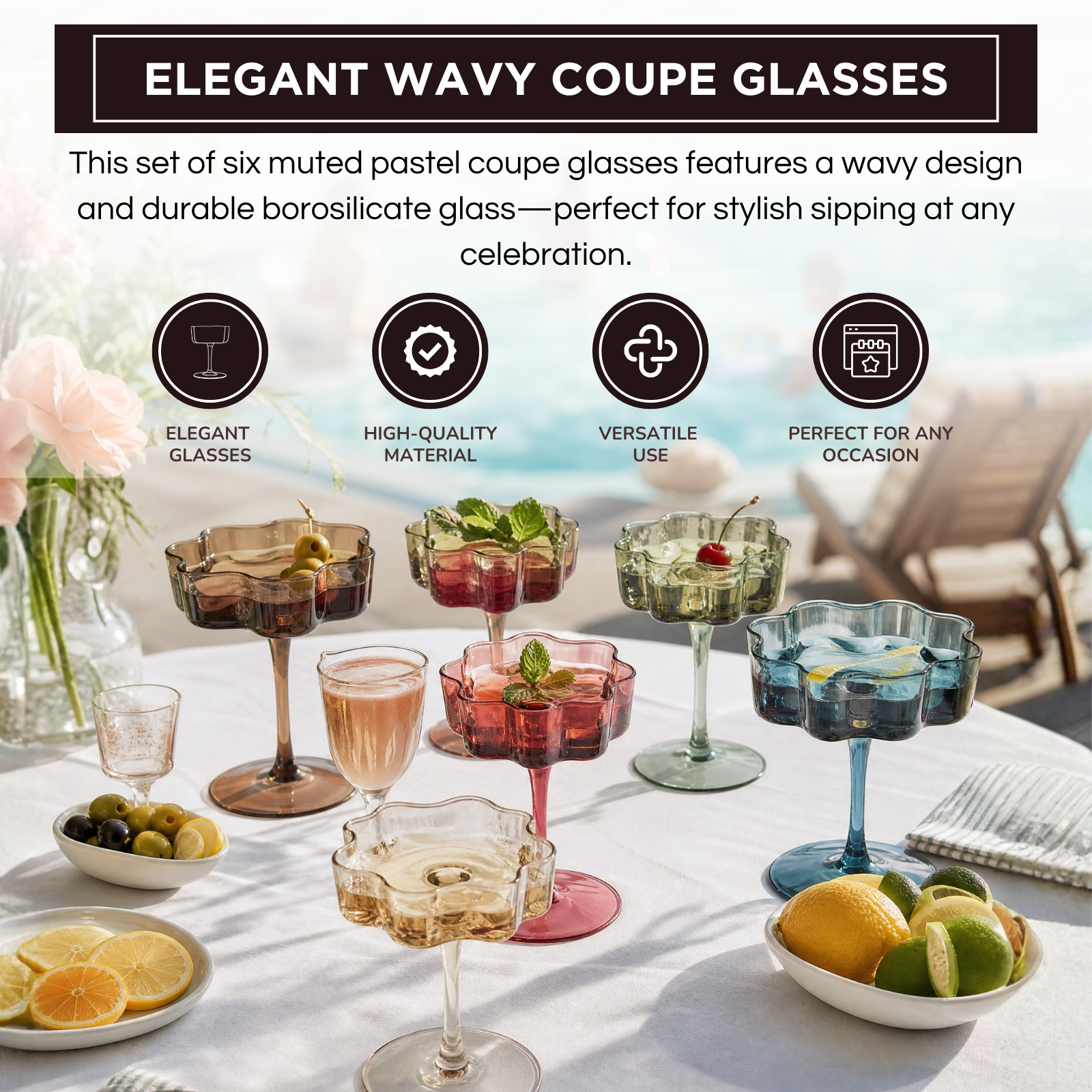 Flower Wave Coupe Cocktail Colored Glasses | Set of 6 | Muted Colors