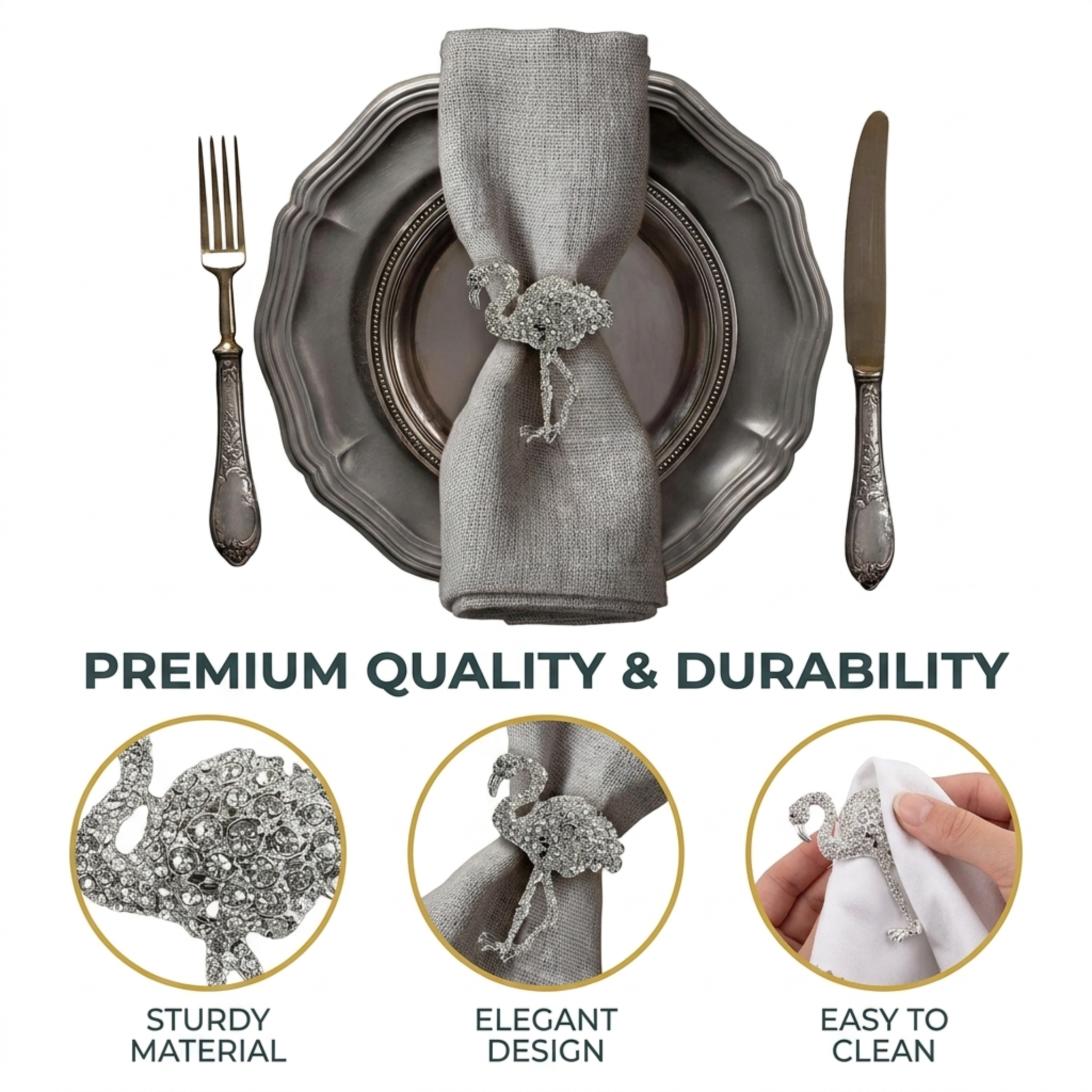 Silver Flamingo Napkin Rings – Elegant Rust Resistant Table Decor Rings for Dining