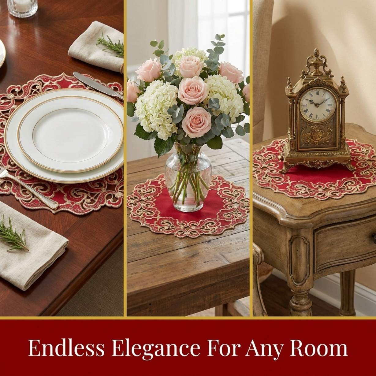 Burgundy Gold Doilies – Granada Collection Embroidered Table Doilies 15 Inch