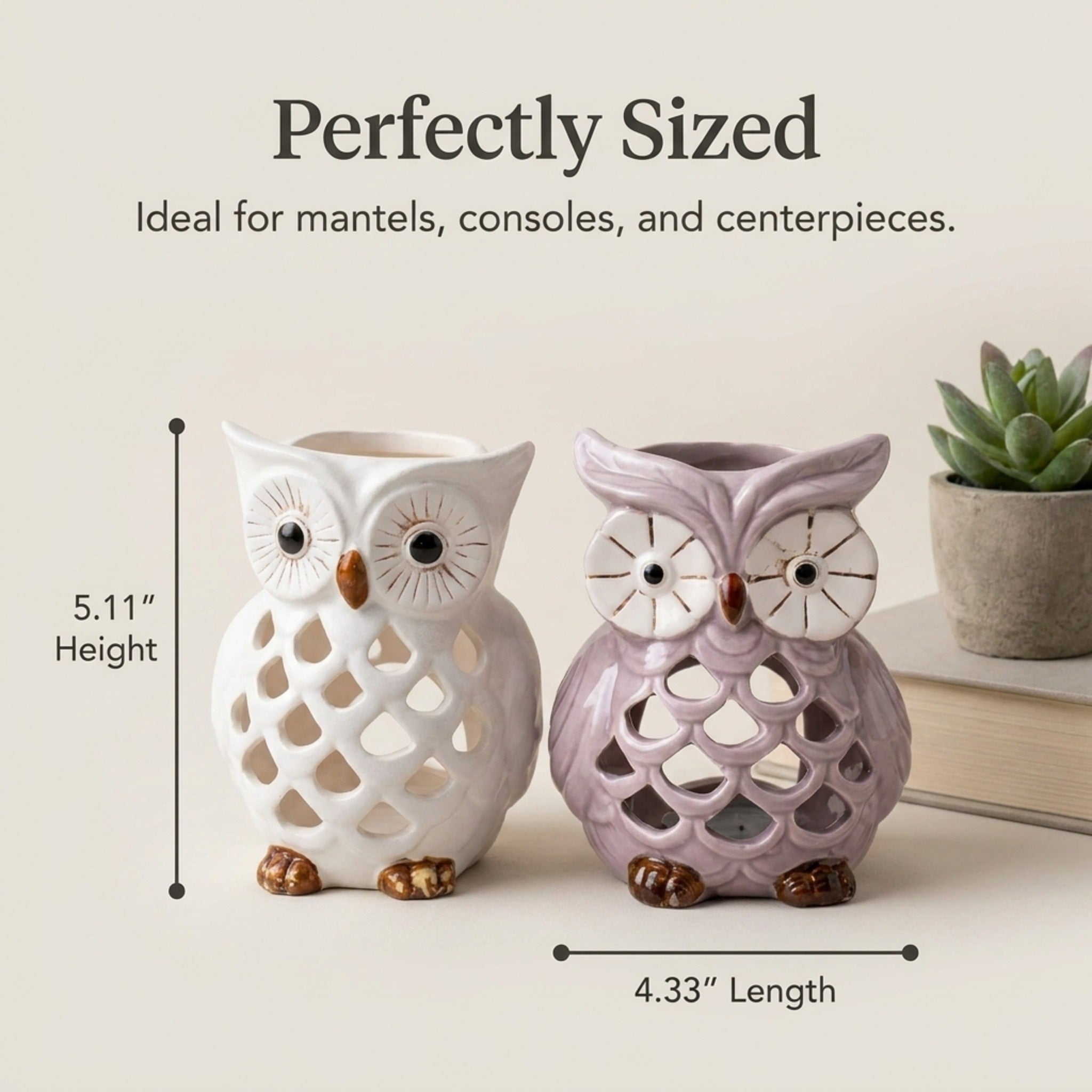 Owl Tea Light Holder - Rustic Decorative Candle Holders Set of 2 for Indoor & Outdoor