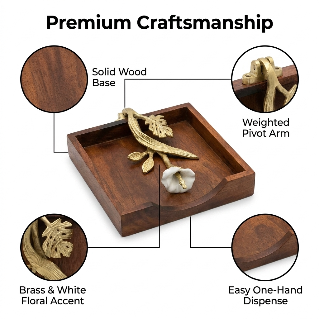 Wooden Napkin Holder – Solid Wood Serviette Holder with Gold Finish Ornament