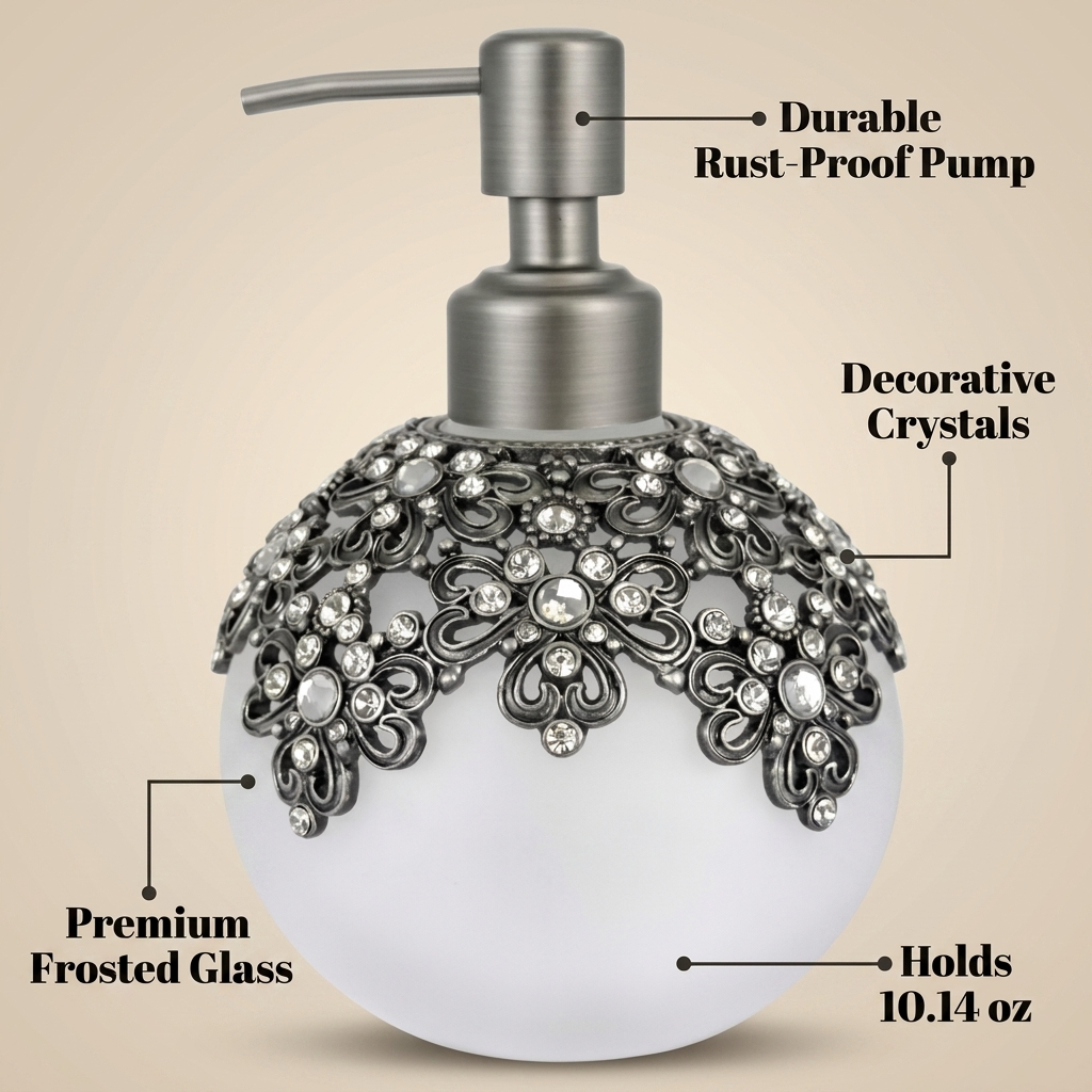 Soap Dispenser – Frosted Glass Bathroom Lotion Pump with Pewter & Rhinestones