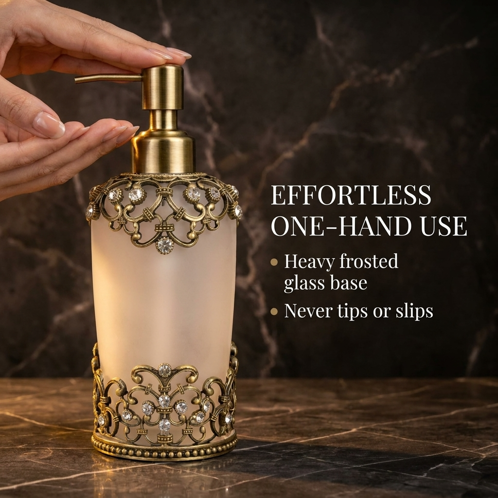 Amara Soap Dispenser – Frosted Glass Decorative Bathroom Accessory With Pewter Finish