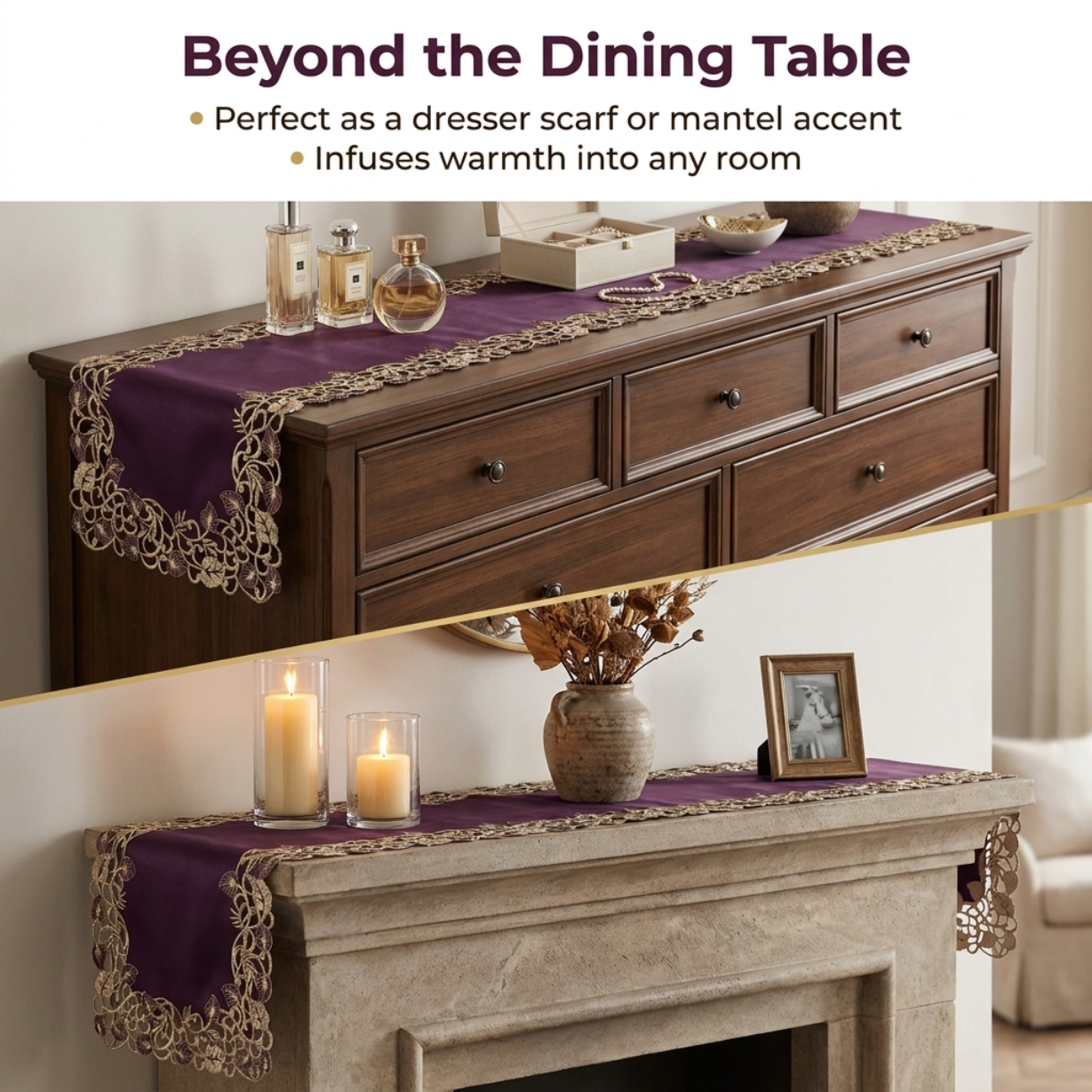 Plum Gold Table Runner – Rustic Embroidered Linen Decor for Dining Table 14x108 Inch