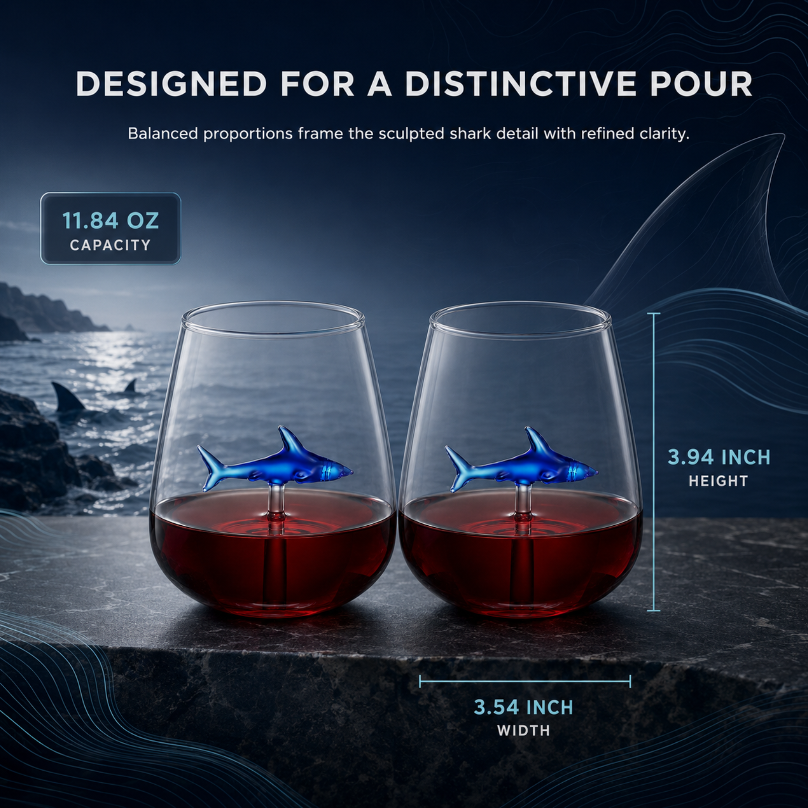 Handcrafted Stemless Shark Wine Glass - Personalized Set of 2