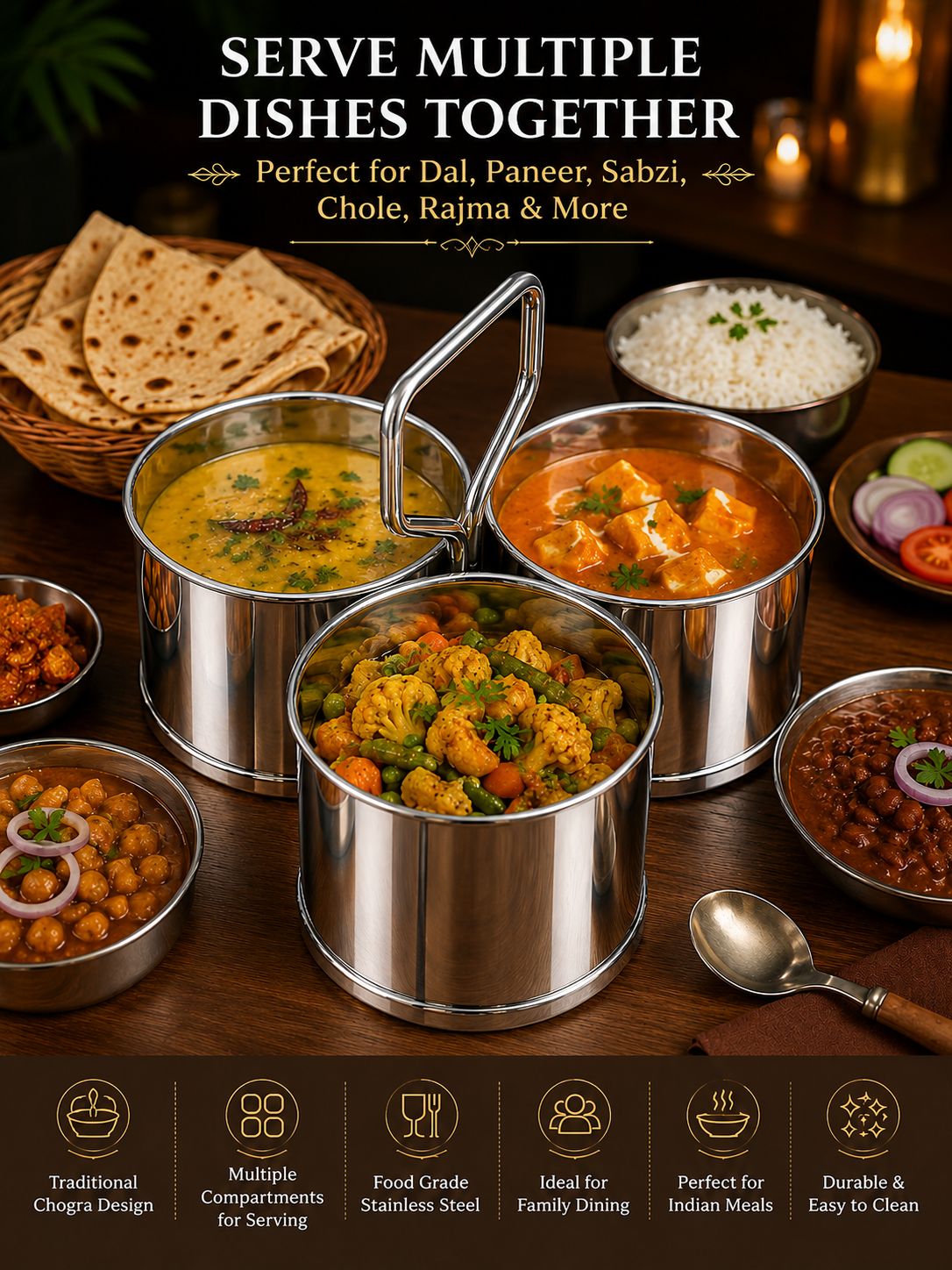Stainless Steel Chougadha | Chaumukha Vegetable Holder with Handle - quality 3 bowl Container