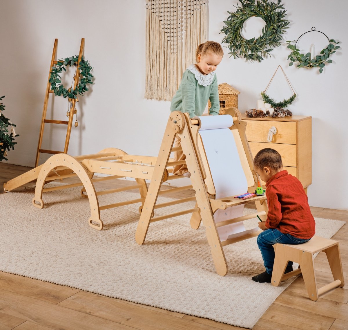 4in1 Montessori Climbing Set: Triangle Ladder + Climbing Arch + Slide Board + Art Addition