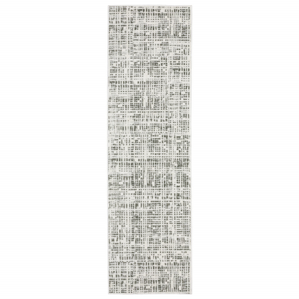 2 X 8 White And grey Abstract Power Loom Stain Resistant Runner Rug