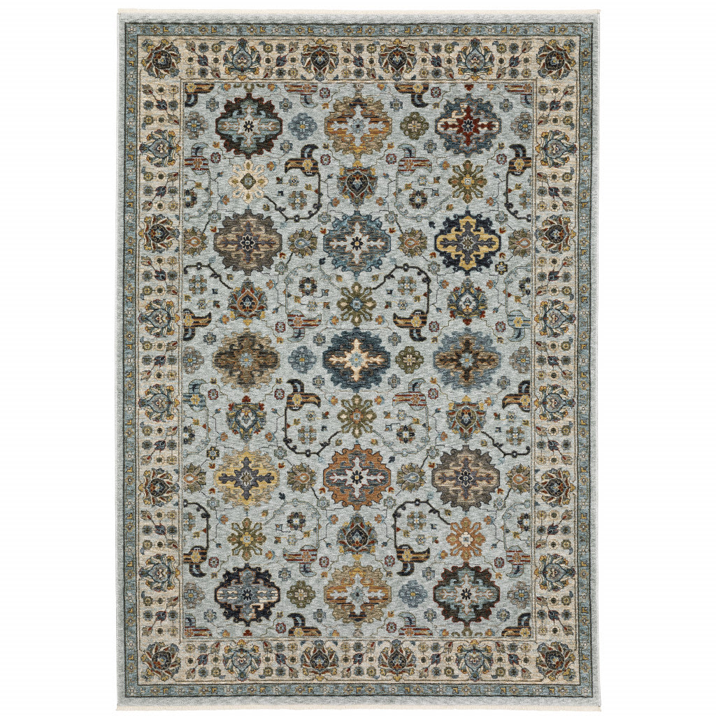 6 X 9 Blue Beige grey green Yellow And Rust Oriental Power Loom Stain Resistant Area Rug With Fringe