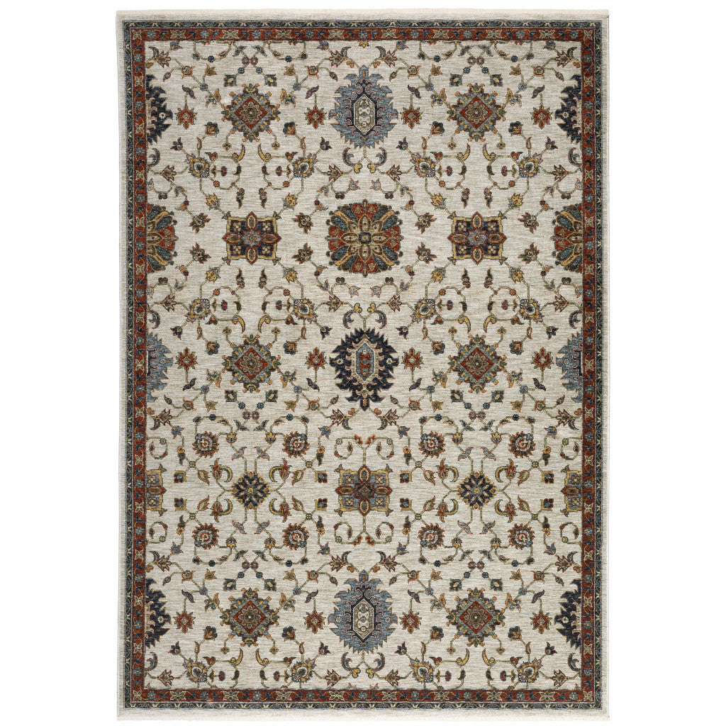 8 X 11 Beige Rust Red Blue gold And grey Oriental Power Loom Stain Resistant Area Rug With Fringe