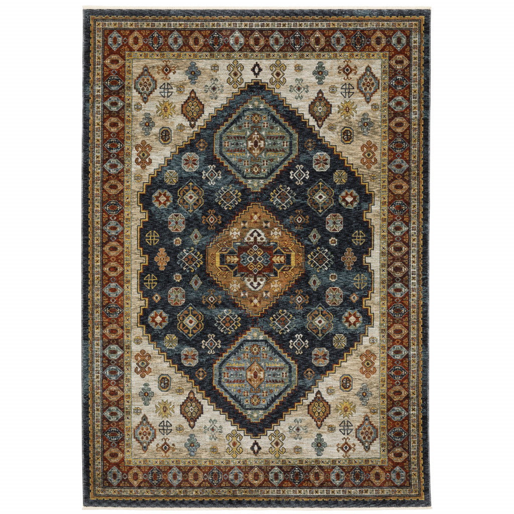 8 X 11 Blue Red Beige Orange gold And Tan Oriental Power Loom Stain Resistant Area Rug With Fringe