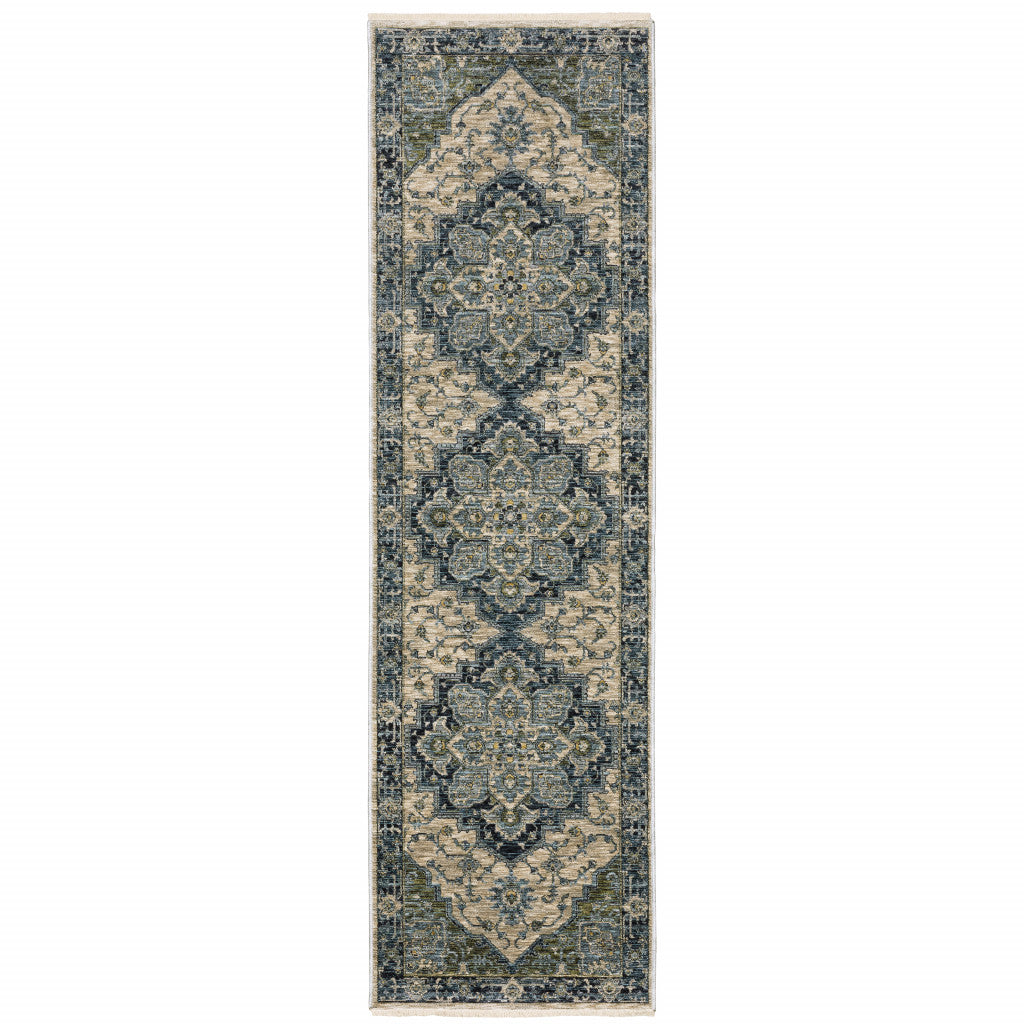 2 X 8 Blue And Beige Oriental Power Loom Runner Rug With Fringe