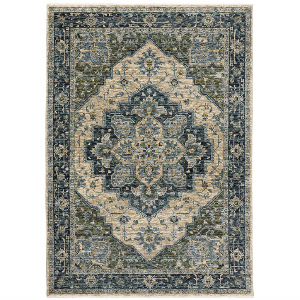 8 X 11 Blue grey Beige Tan green And gold Oriental Power Loom Stain Resistant Area Rug With Fringe