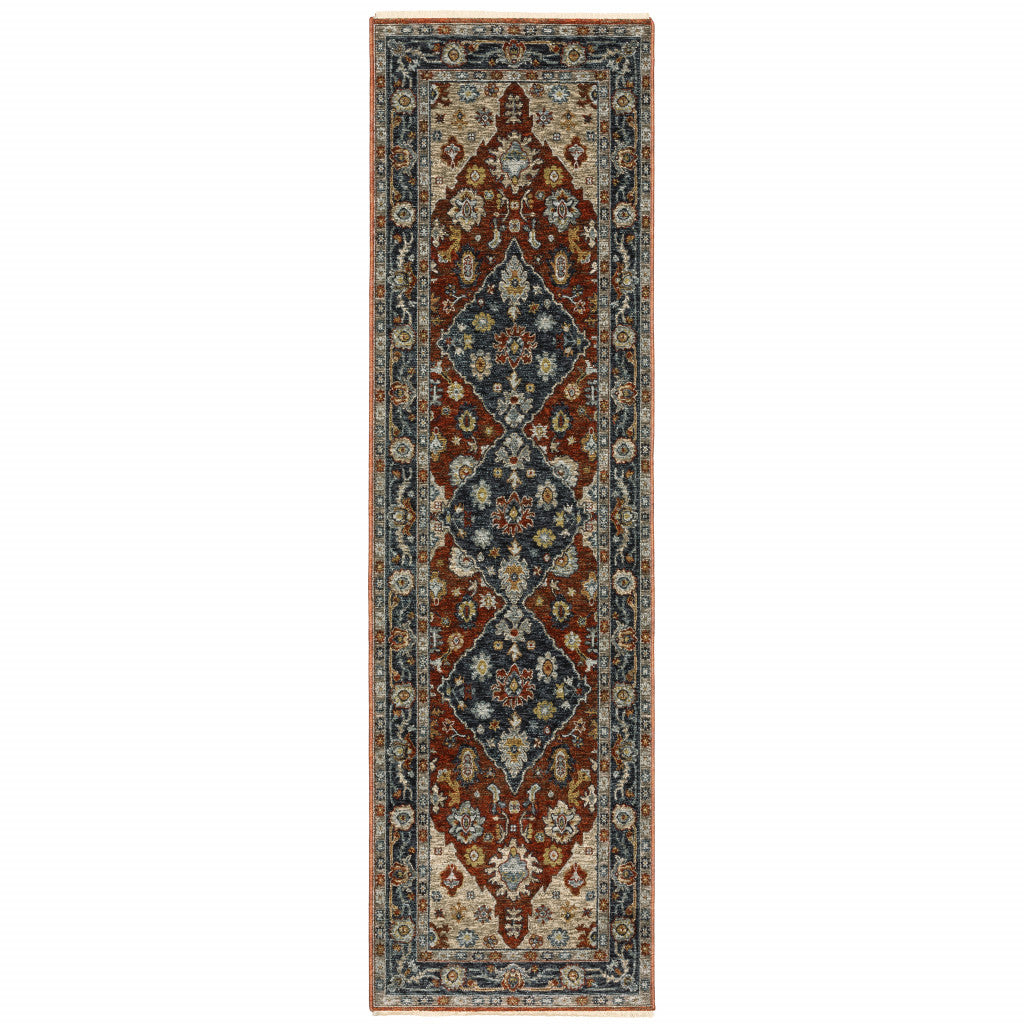 2 X 8 Blue Beige Tan Brown gold And Rust Red Oriental Power Loom Stain Resistant Runner Rug With Fringe