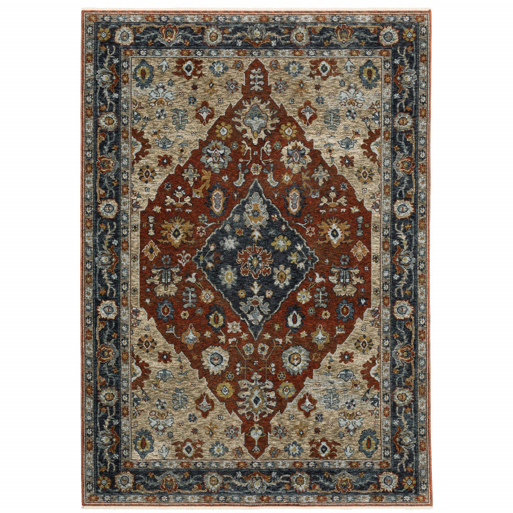 6 X 9 Blue Beige Tan Brown gold And Rust Red Oriental Power Loom Stain Resistant Area Rug With Fringe