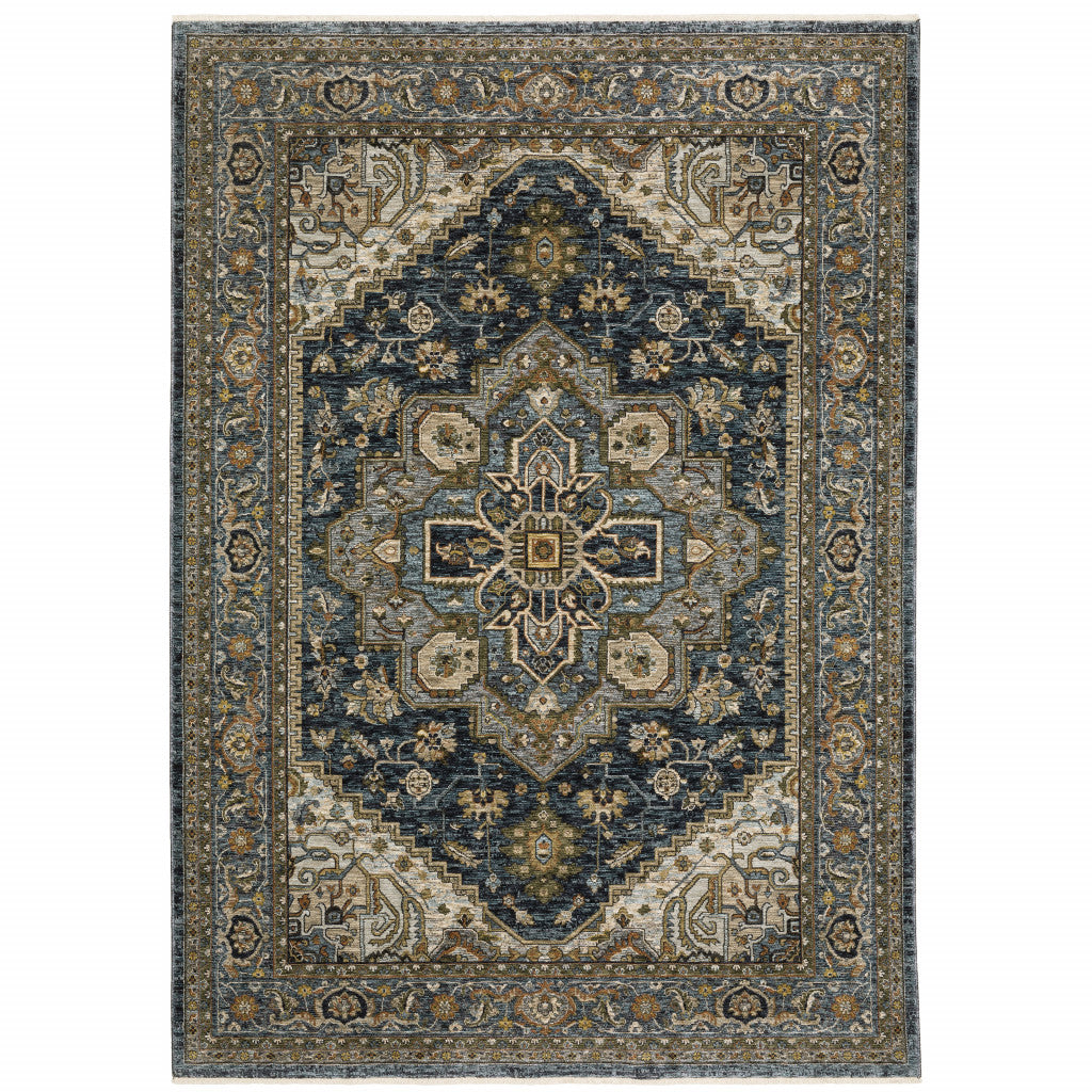6 X 9 Blue Taupe grey green Rust Tan Beige And gold Oriental Power Loom Stain Resistant Area Rug With Fringe